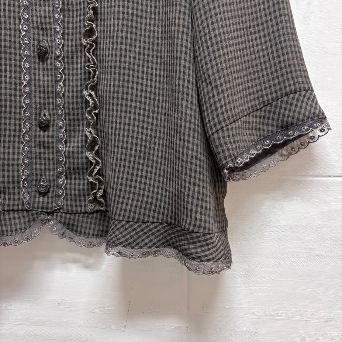 시스루 레이스 플라워 하구미 모리걸 체크 블라우스 M  JPN 상품이미지3