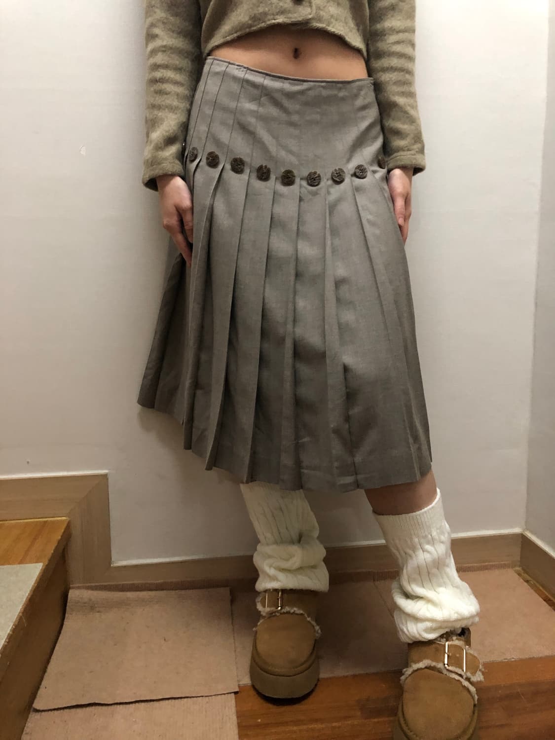 빈티지 그레이 버튼 플리츠 미디 스커트 상품이미지2