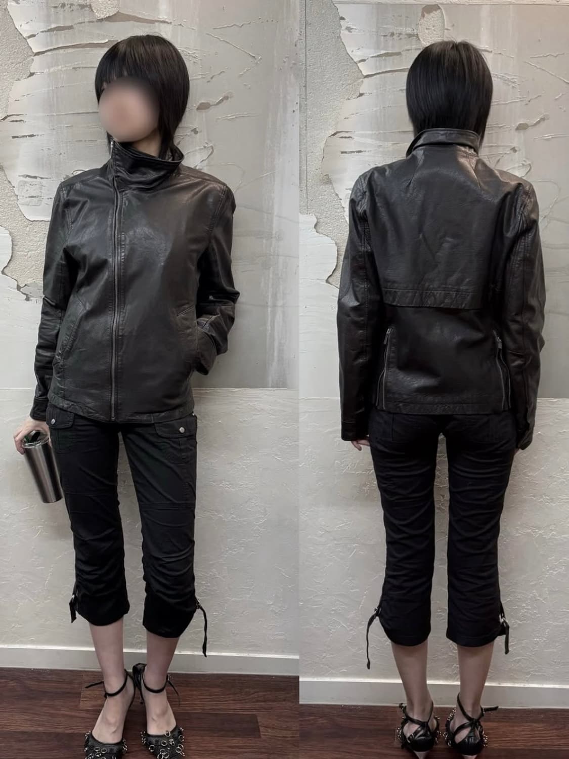 릭오웬스맛) 하이넥 사선 레더 자켓 상품이미지3