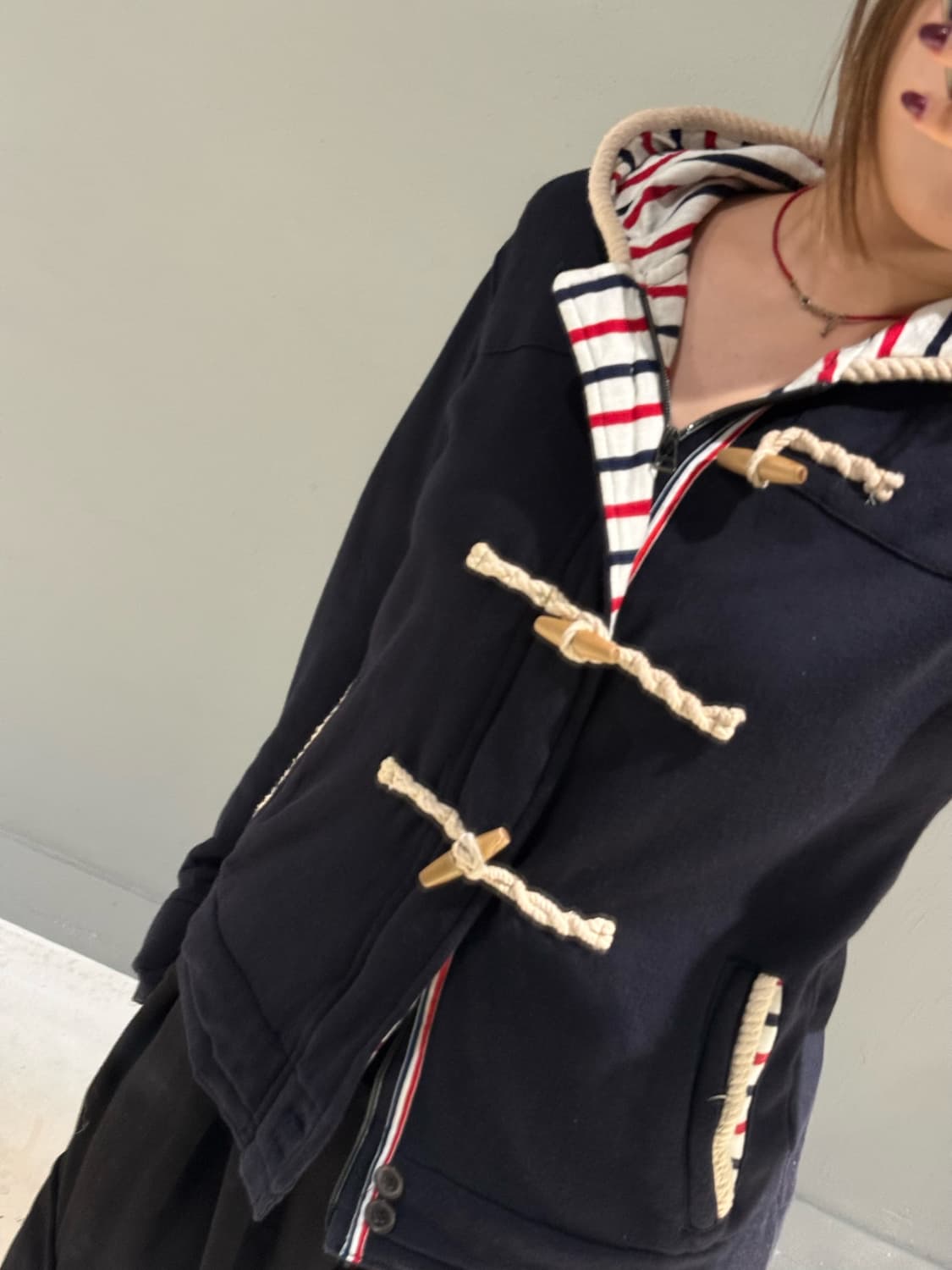 inner stripe duffle button hood zip-up 상품이미지4