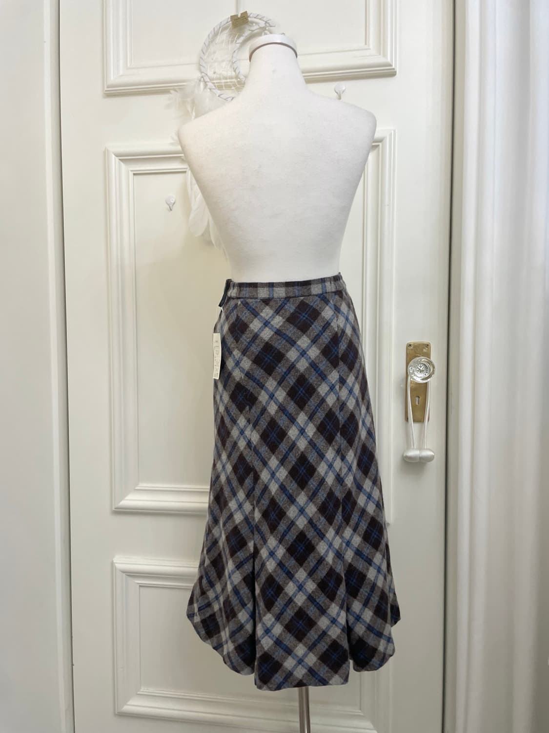 brown blue check wool pleats skirt 상품이미지3