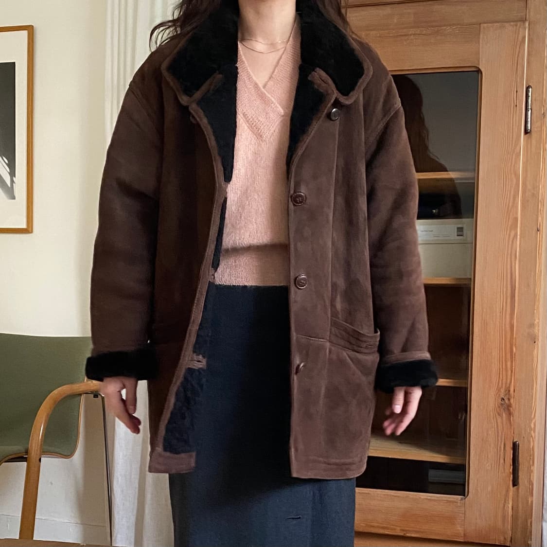 Figaro 모카 브라운 양가죽 시어링 하프 코트 상품이미지9