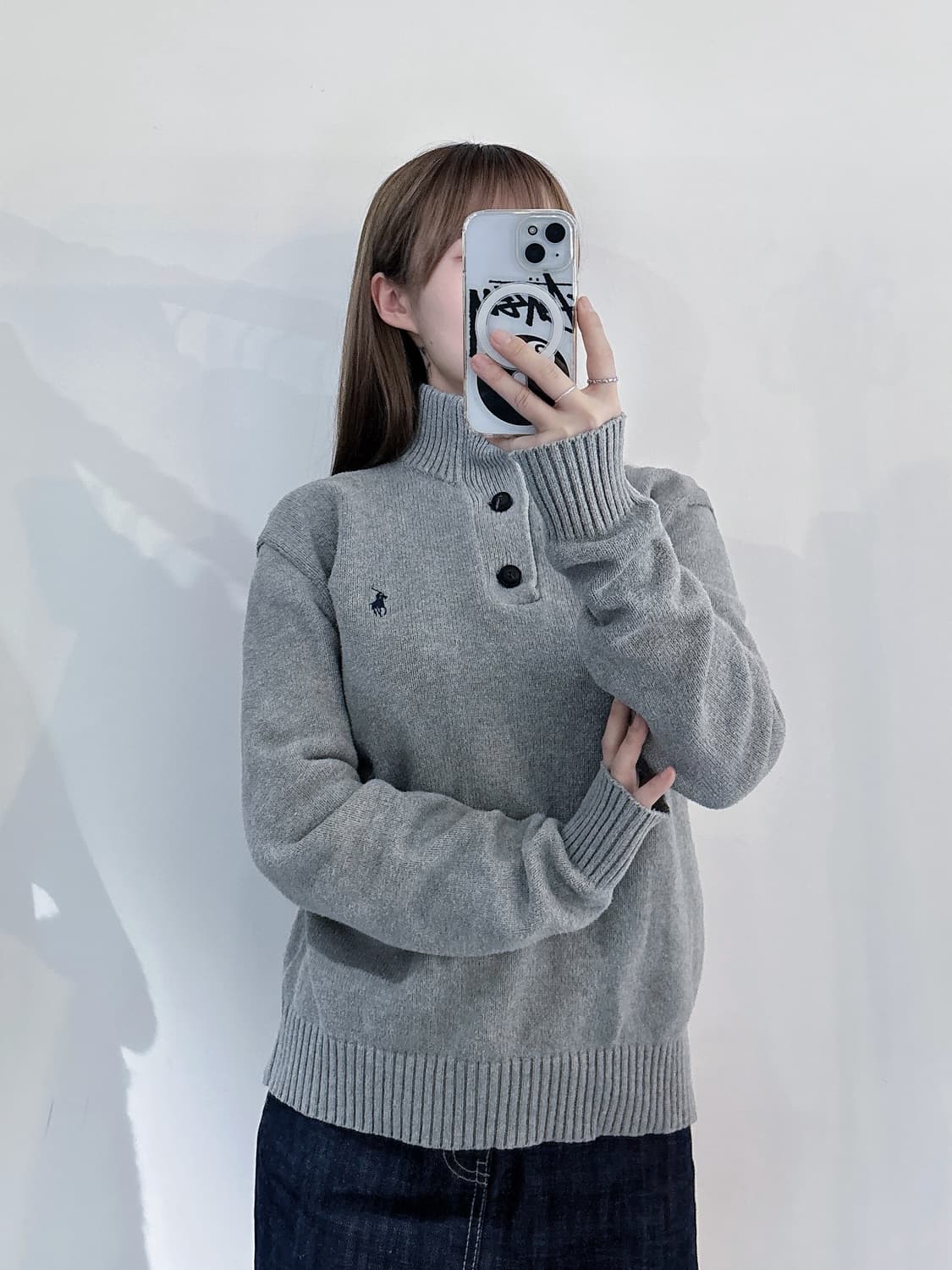 폴로랄프로렌 네이비포니 그레이 버튼 반집업 니트 상품이미지1