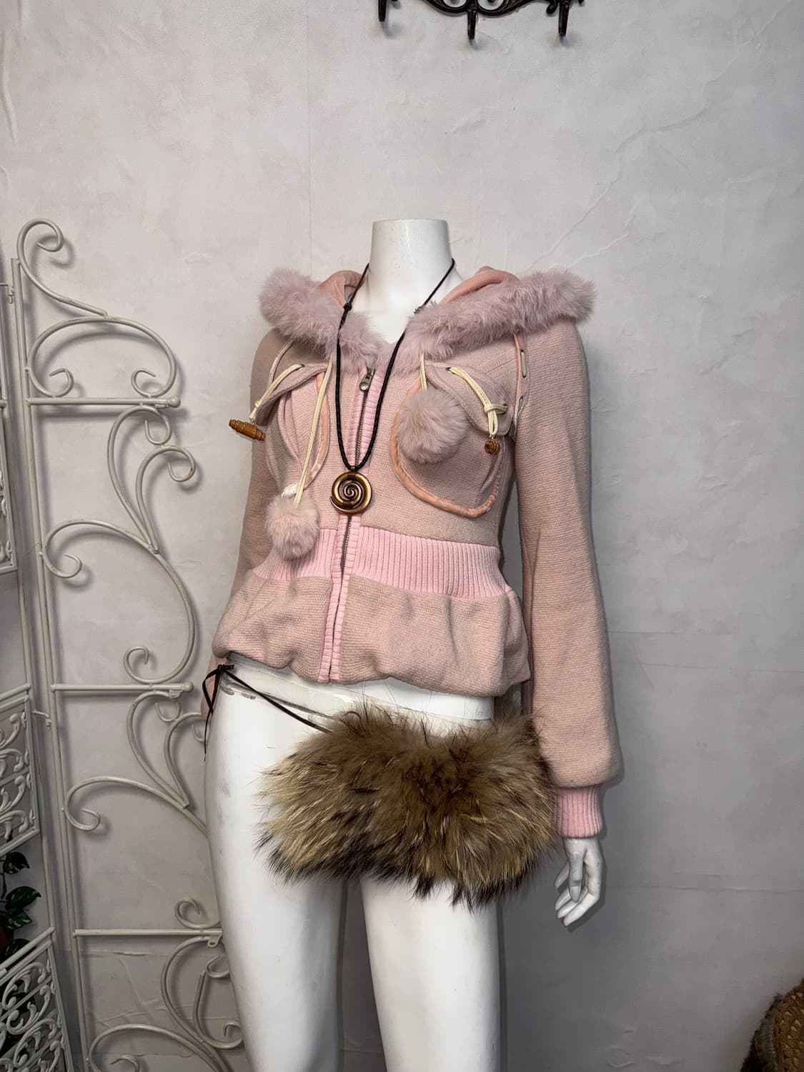 Baby pink oriental rabbit fur hood zipup 상품이미지6