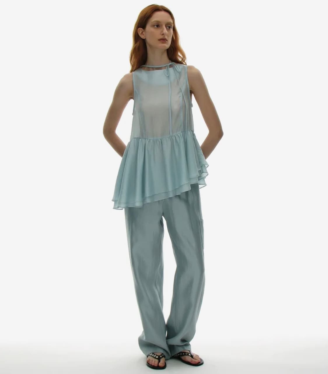 파르티멘토우먼 타이넥 프릴 셔링 블라우스 스카이 민트 상품이미지4