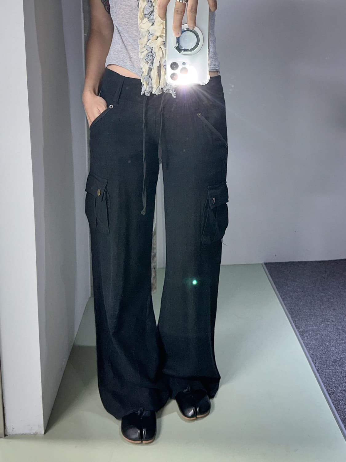 black linen low rise flare cargo pants 상품이미지1
