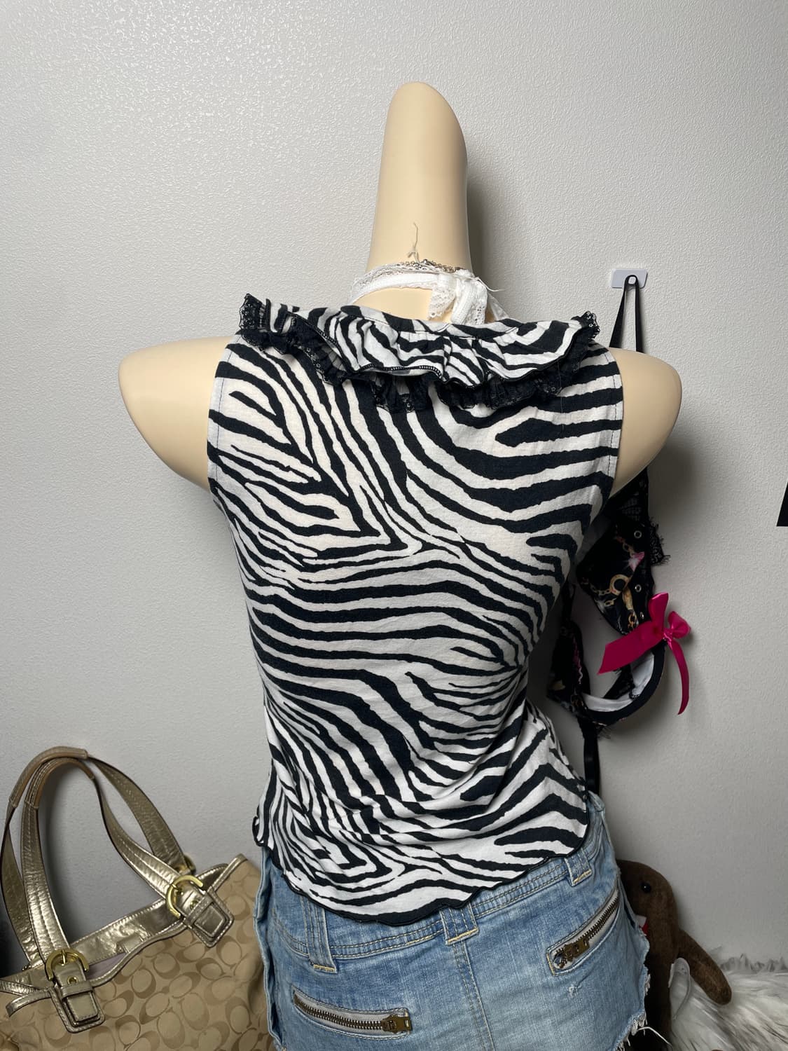 빈티지 갸루 Zebra 지브라 레이스 나시탑 상품이미지2