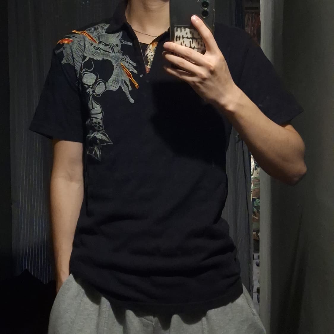 빈티지 JP 블랙 동양풍 오리엔탈 해골유녀 프린팅 오픈 카라넥 티셔츠 L 상품이미지1