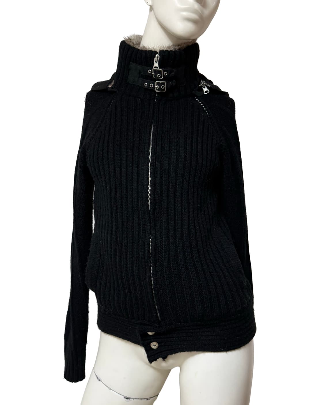 빈티지 하이넥 버클 니트 퍼 후드집업 상품이미지2