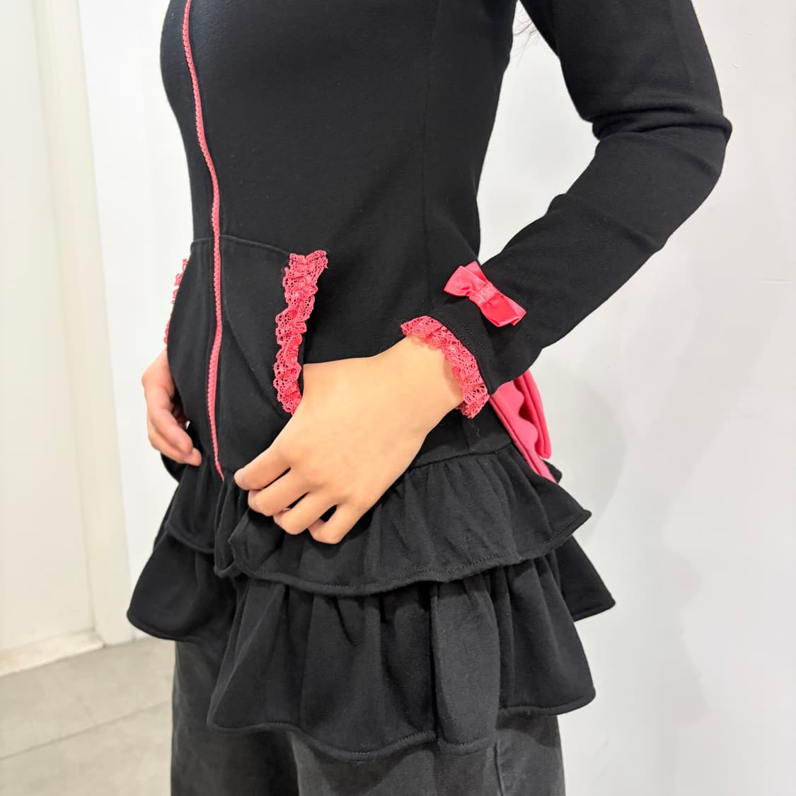 Joky gal 갸루 왕리본 집업 프릴 원피스 상품이미지2