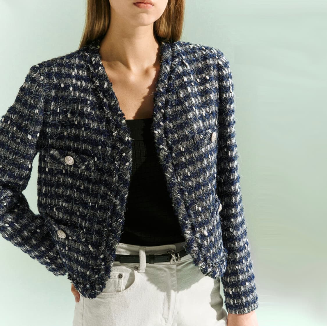 마인(MINE) 울 블렌드 칼라리스 오픈 트위드자켓 55-66 상품이미지2