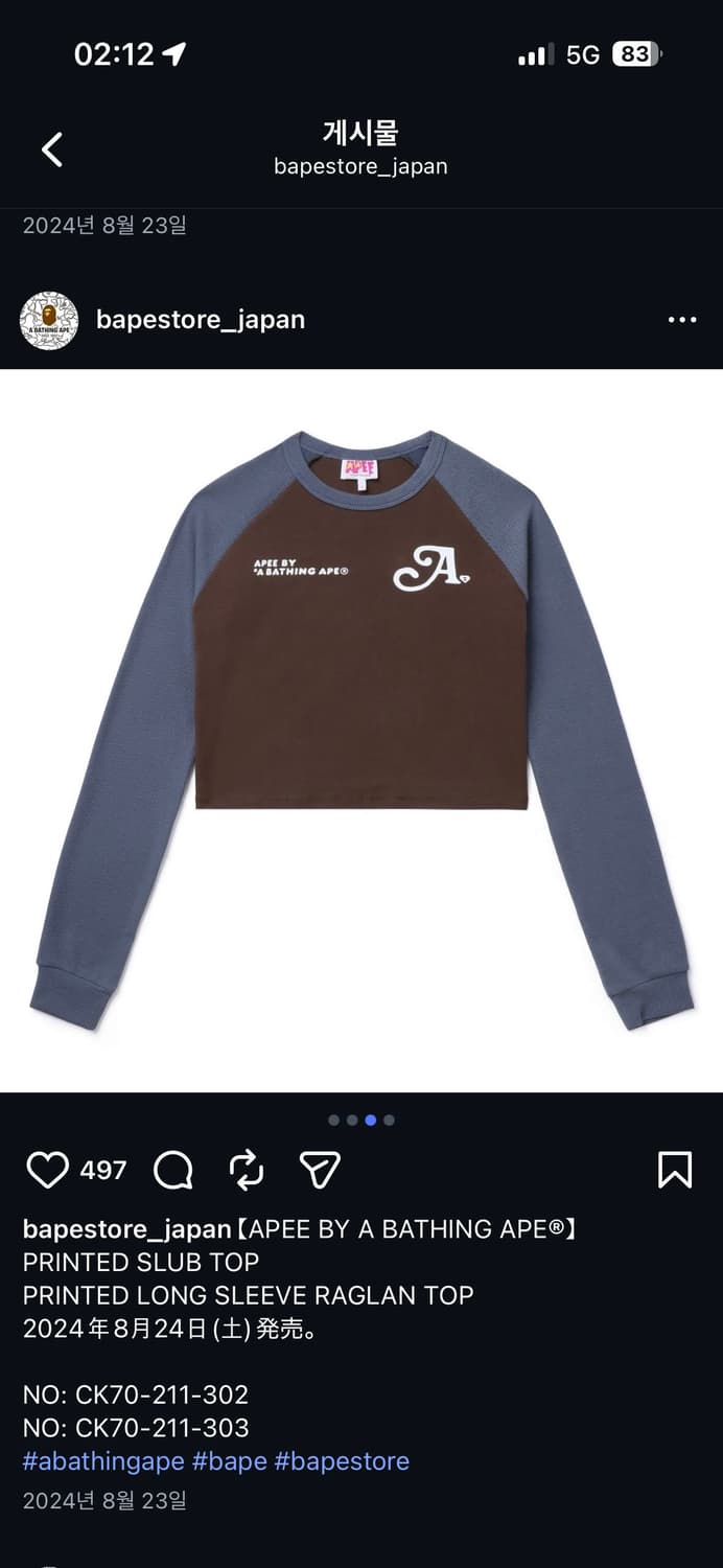 에이프 PRINTED LONG SLEEVE RAGLAN TOP 상품이미지2
