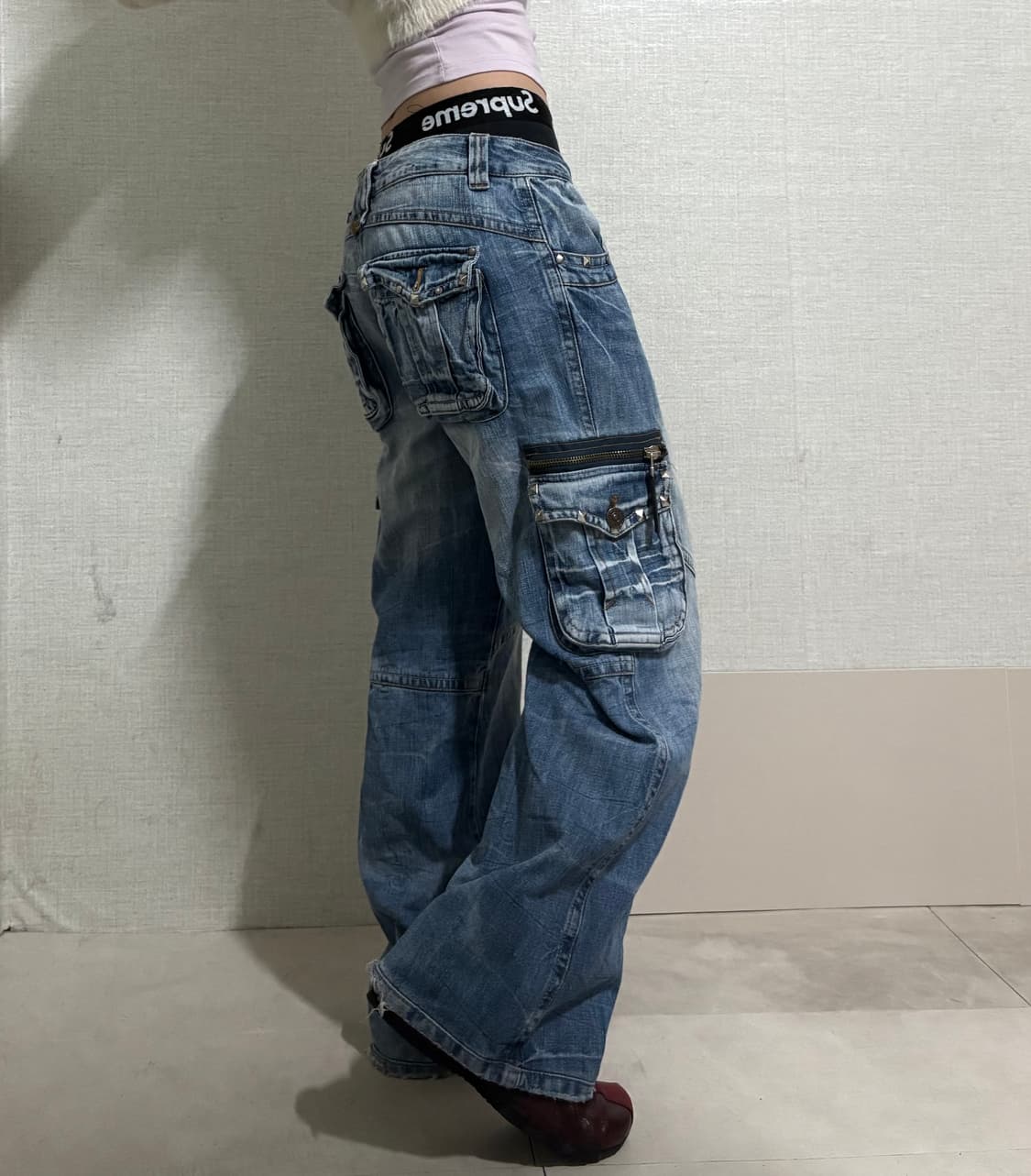 워시드 와이드 데님카고팬츠 상품이미지4