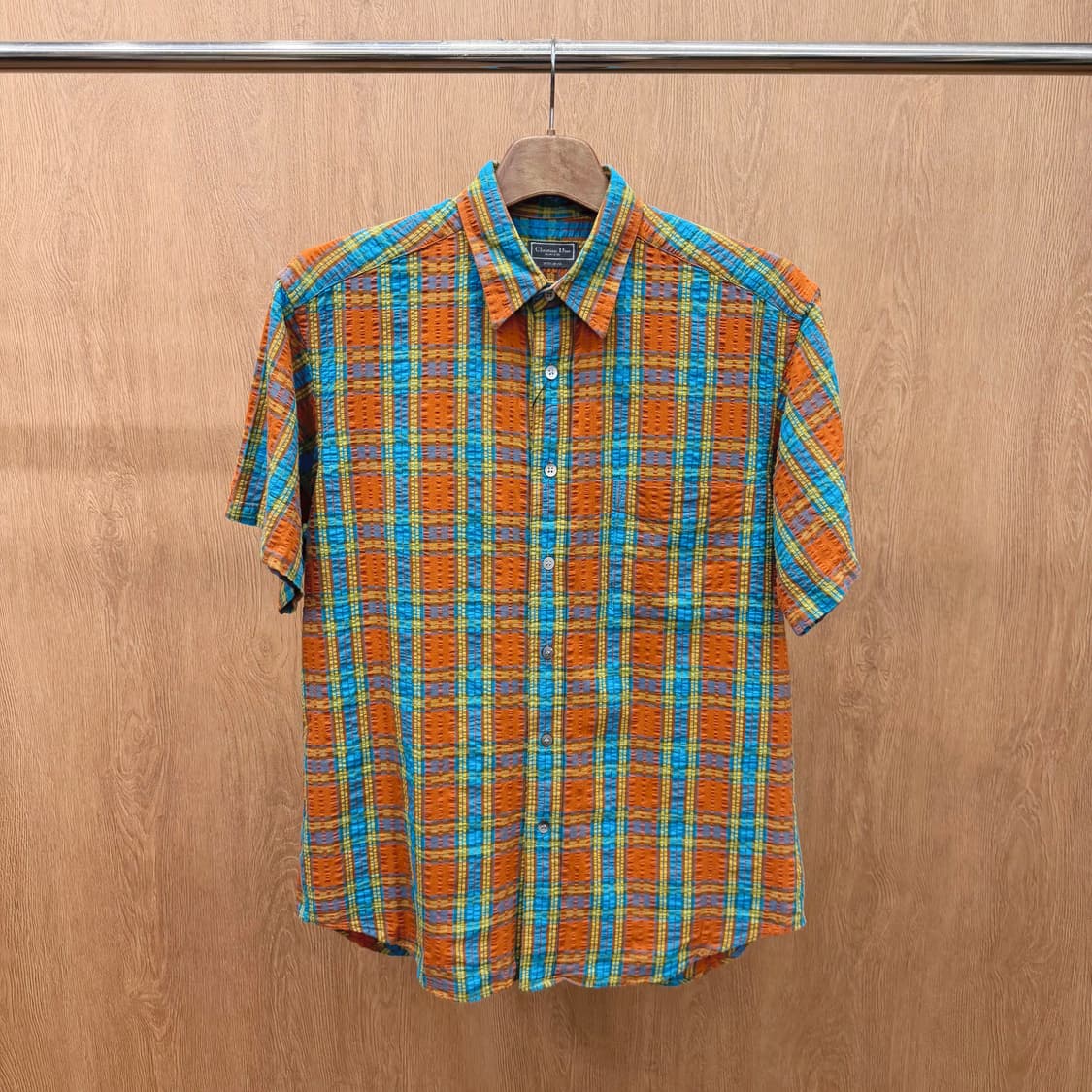 크리스찬 디올 반팔 셔츠 체크 패턴 사이드 싱글 포켓 디테일 오렌지 블루 상품이미지2