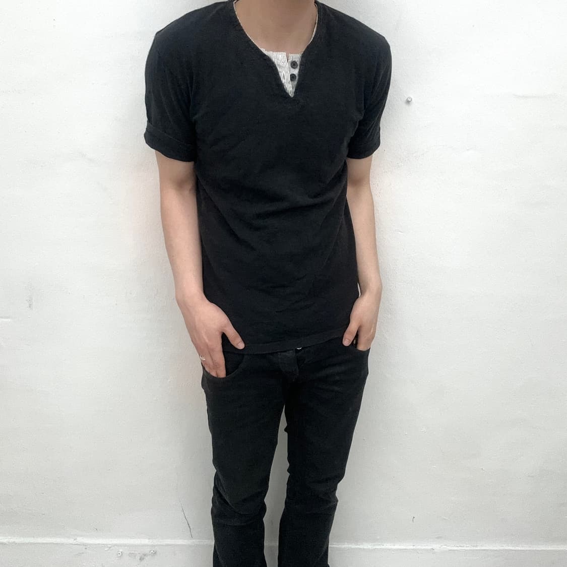 Semantic design stripe snap layered shor 상품이미지1