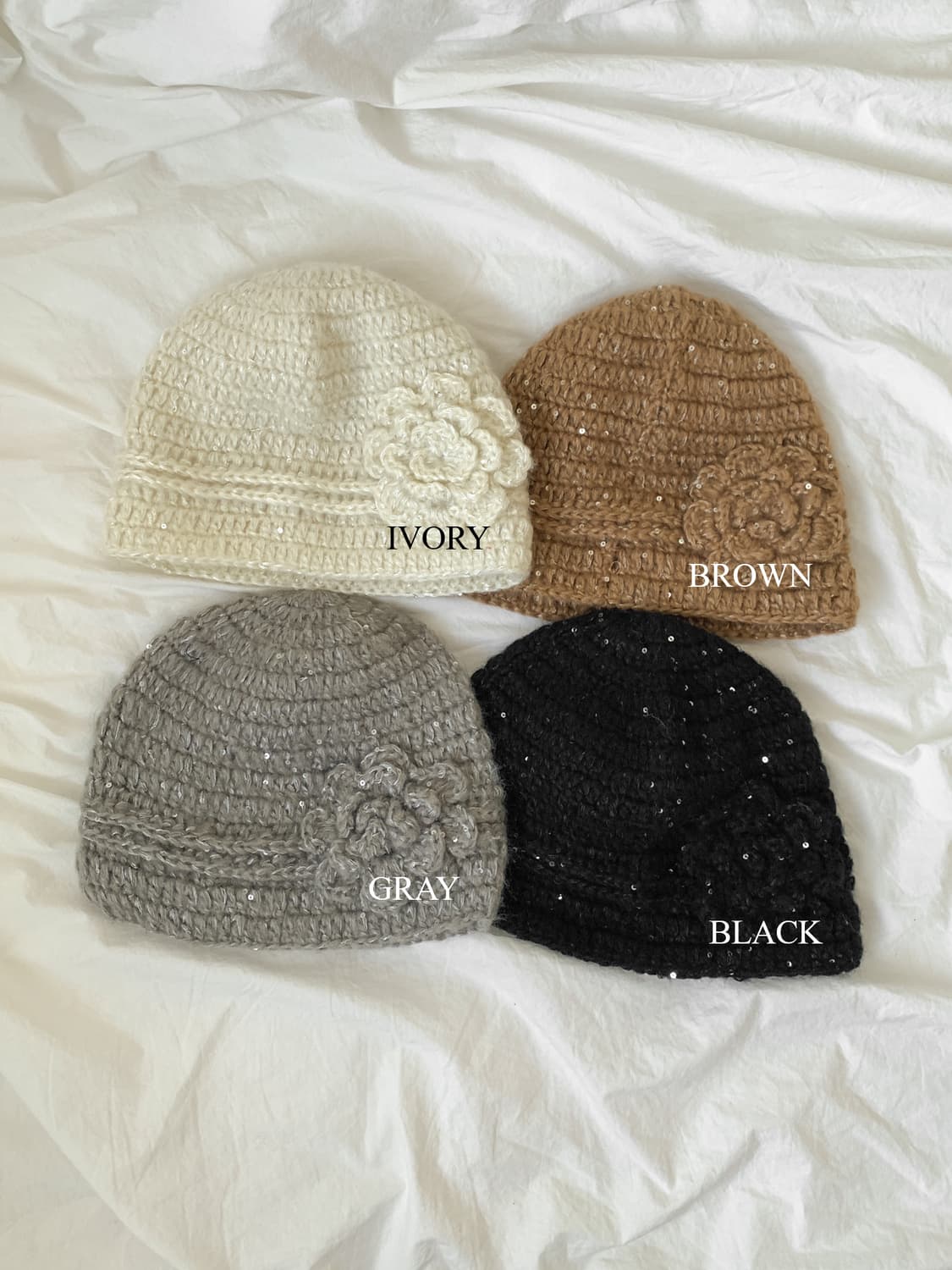 블루씨티 스팽클 플라워 니트 뜨개 비니 모자 4color 그레이 상품이미지2