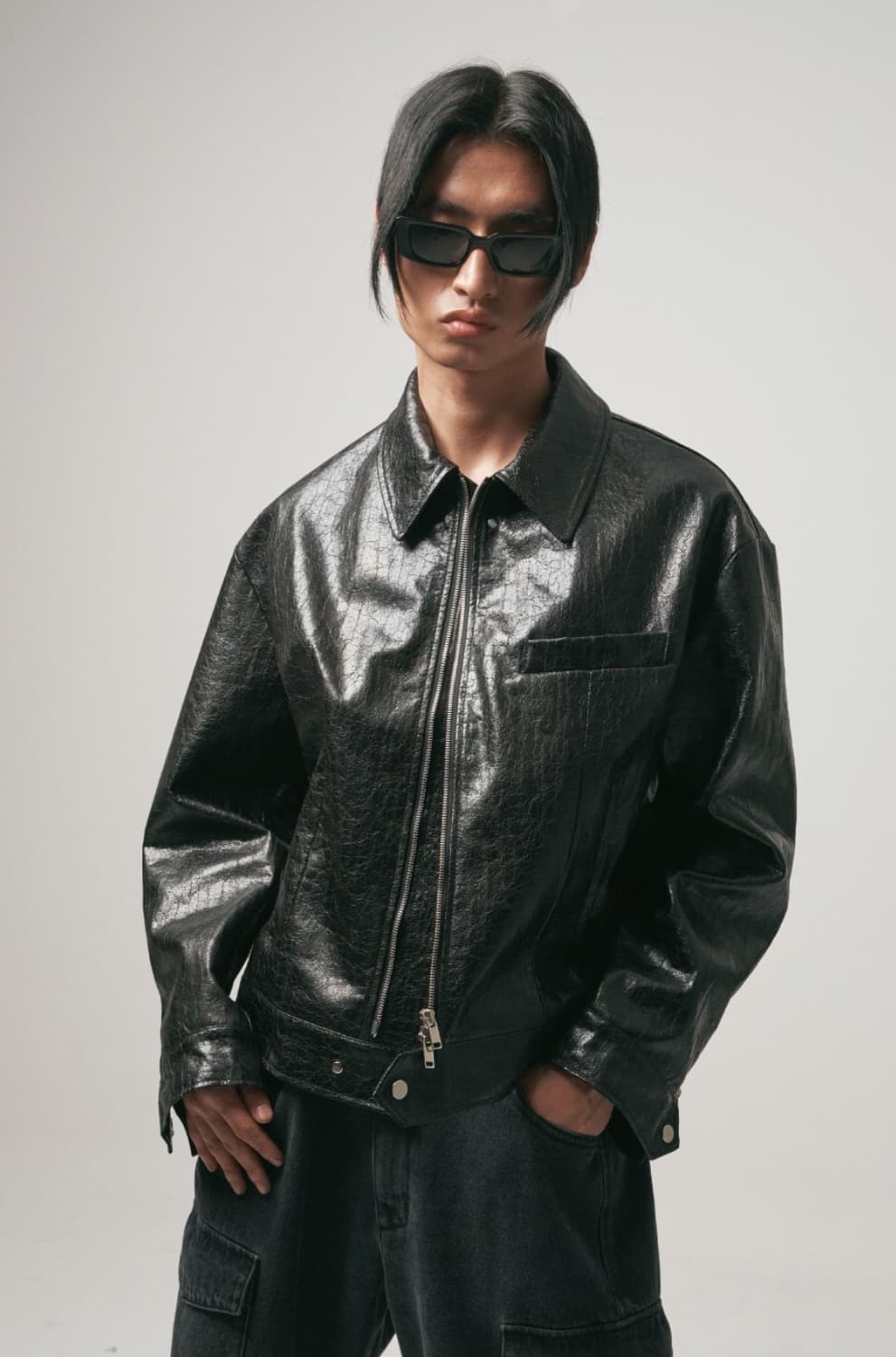 노이어 크랙 크롭레더 자켓(블랙) 상품이미지2