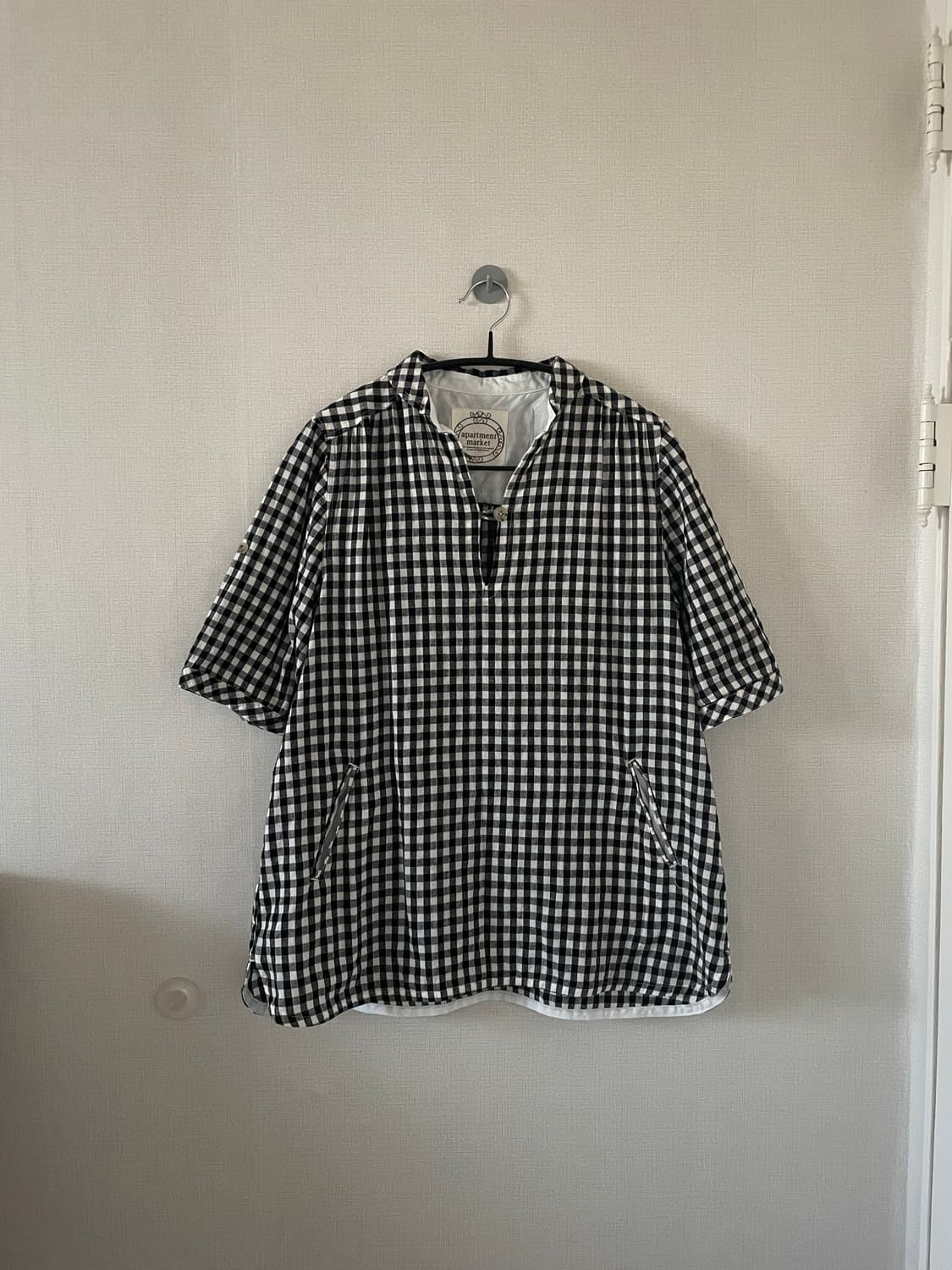 빈티지 깅엄 체크 반팔 블라우스 상품이미지1