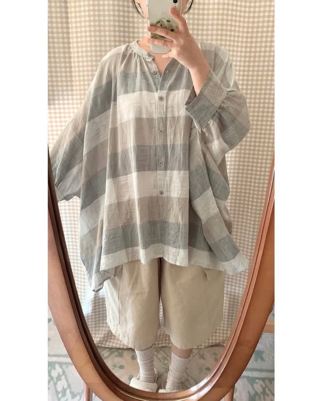 린넨 체크 가오리 셔츠 상품이미지1
