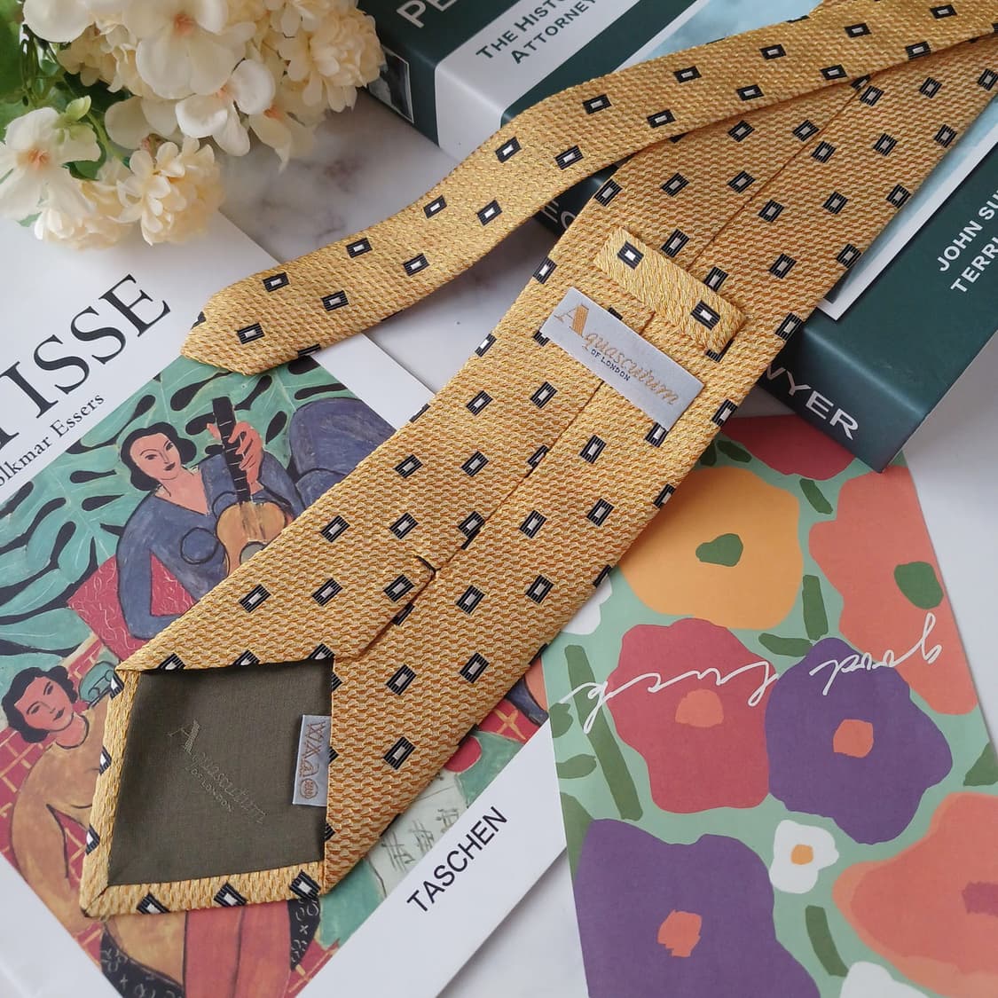 아쿠아스큐텀 실크 옐로우 패턴 넥타이 9.4cm A+등급 E738 상품이미지5