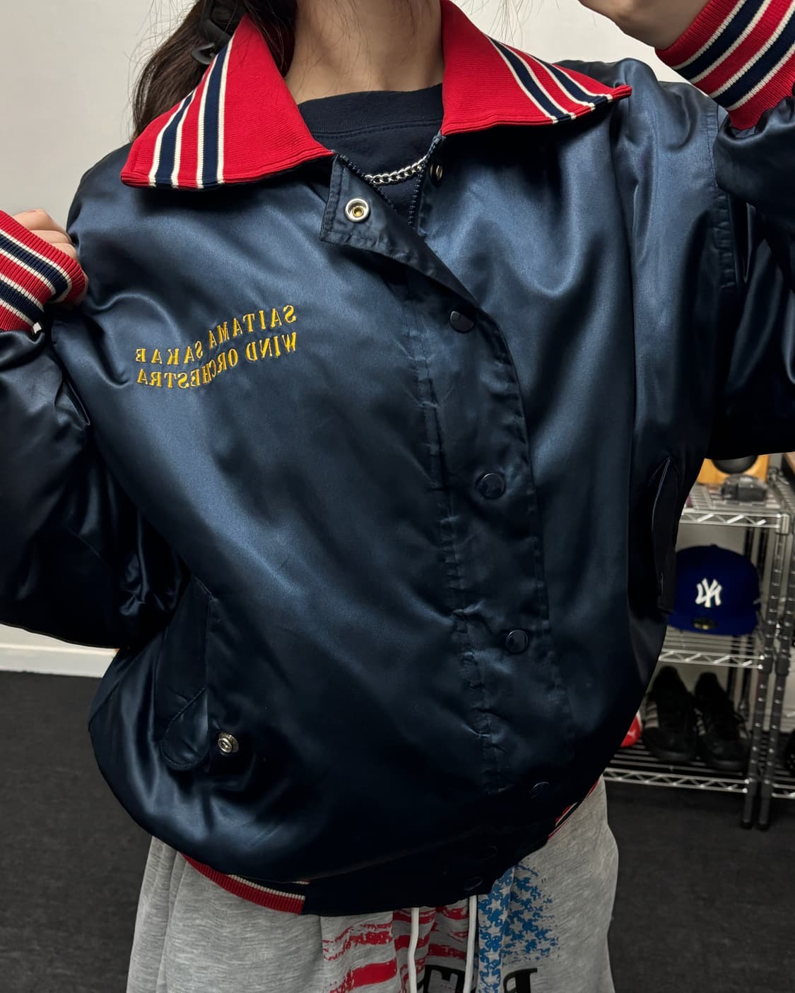 USA 올드 빈티지 사틴 봄버 자켓 네이비 상품이미지1