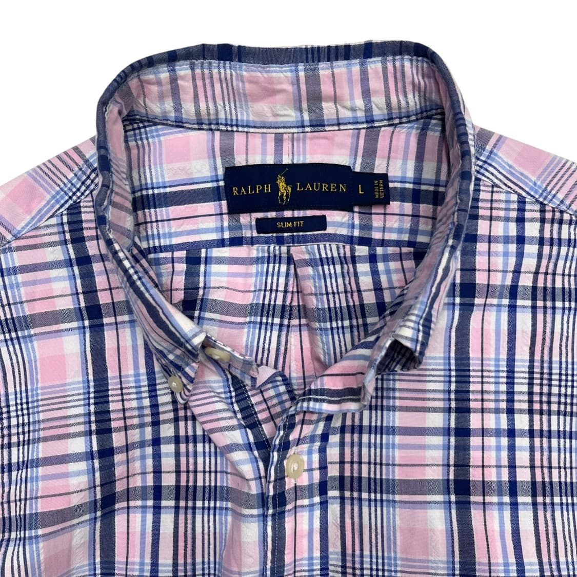 폴로 랄프로렌 네이비포니 딸기우유맛 시어서커 체크 반팔 셔츠 L 상품이미지5
