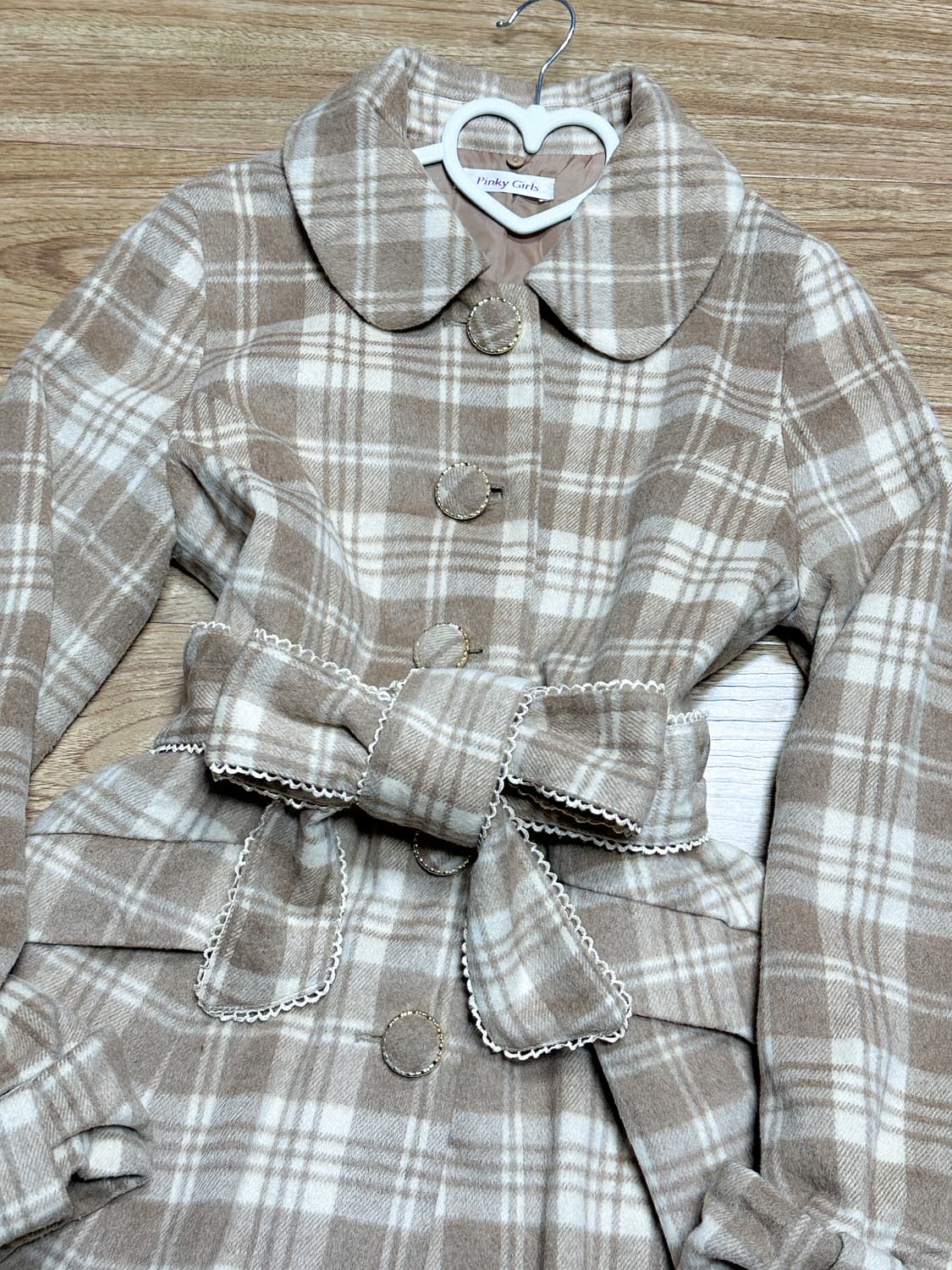 빈티지 브라운 체크 라떼 리본 코트 리락쿠마 히메갸루 로걀 라떼 모리걸 상품이미지2