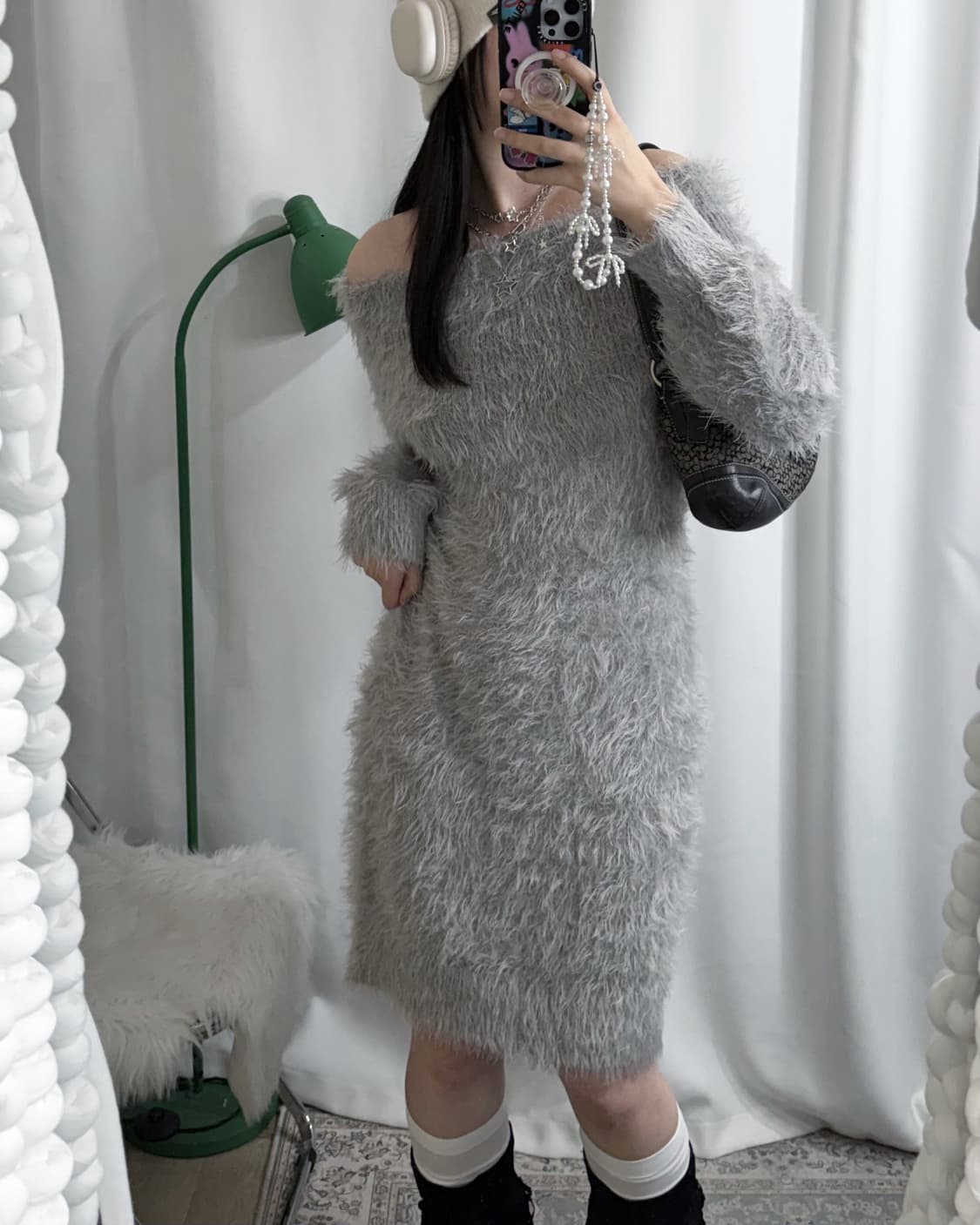 그레이 퍼 오프숄더 니트 원피스 상품이미지2