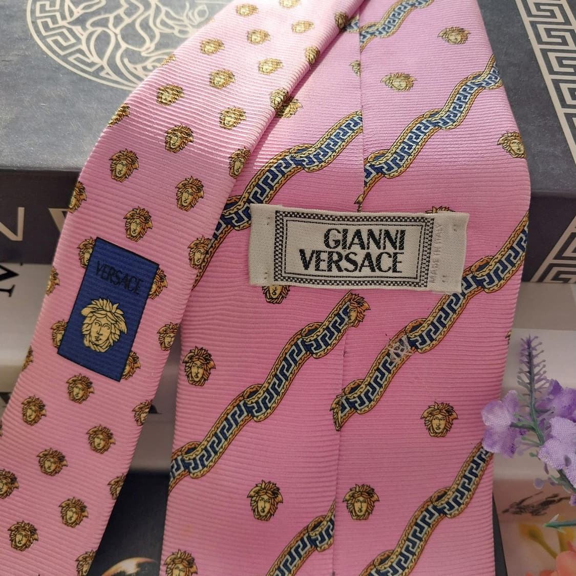 베르사체 실크 핑크 메두사 체인 패턴 넥타이 9.8cm A등급 K1346 상품이미지4