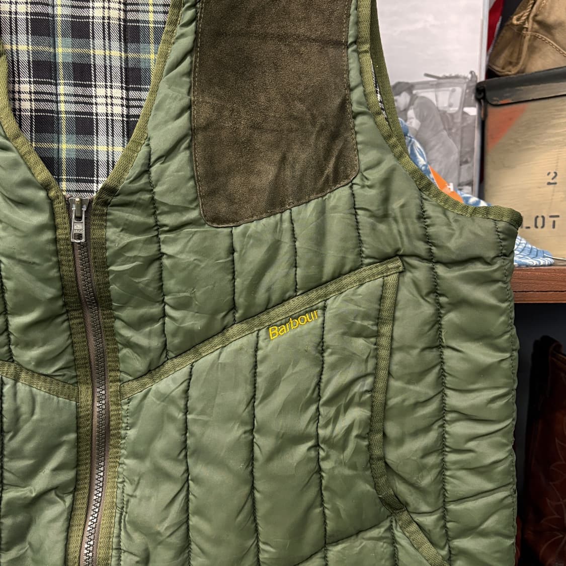 90s 바버 아웃도어 라이너 퀼팅 베스트 스웨이드 패치 헌팅포켓 N514 상품이미지5