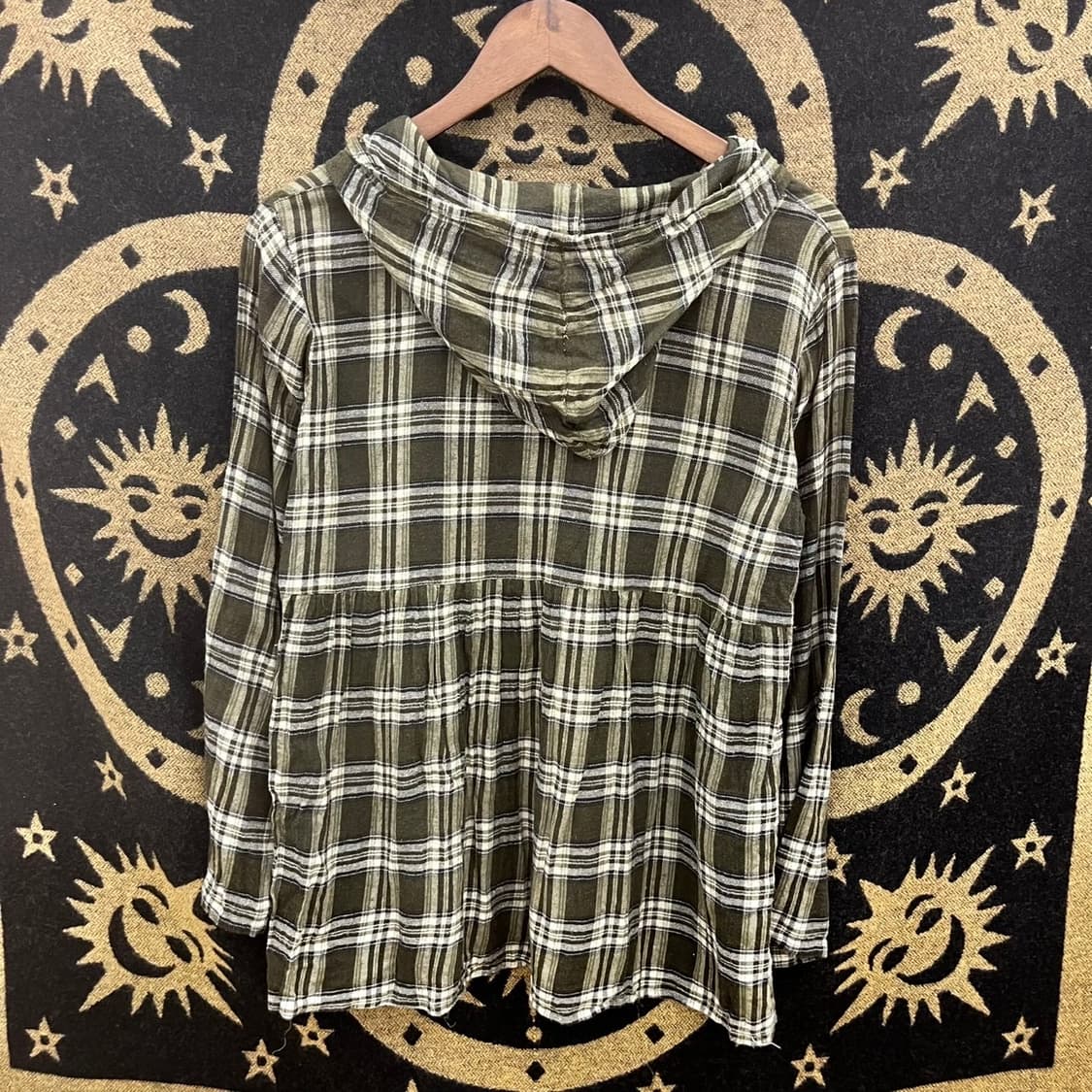 빈티지 러블리 코지 타탄체크 말차카키 셔링 후드 블라우스 K0109 상품이미지4