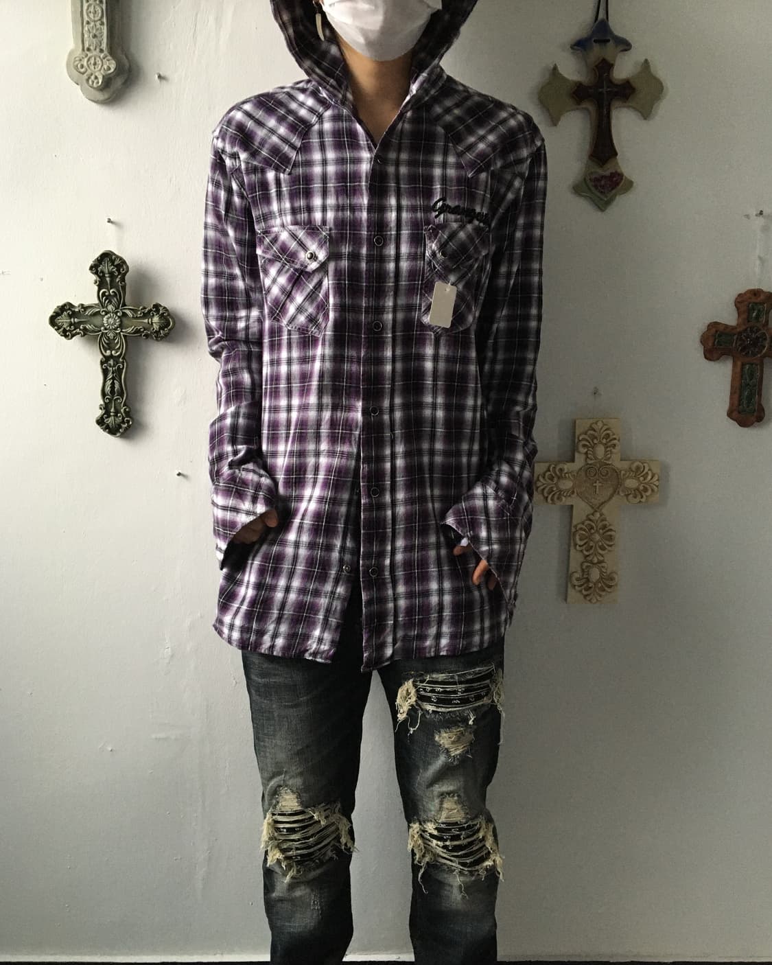 Purple check pattern hood shirt 상품이미지1