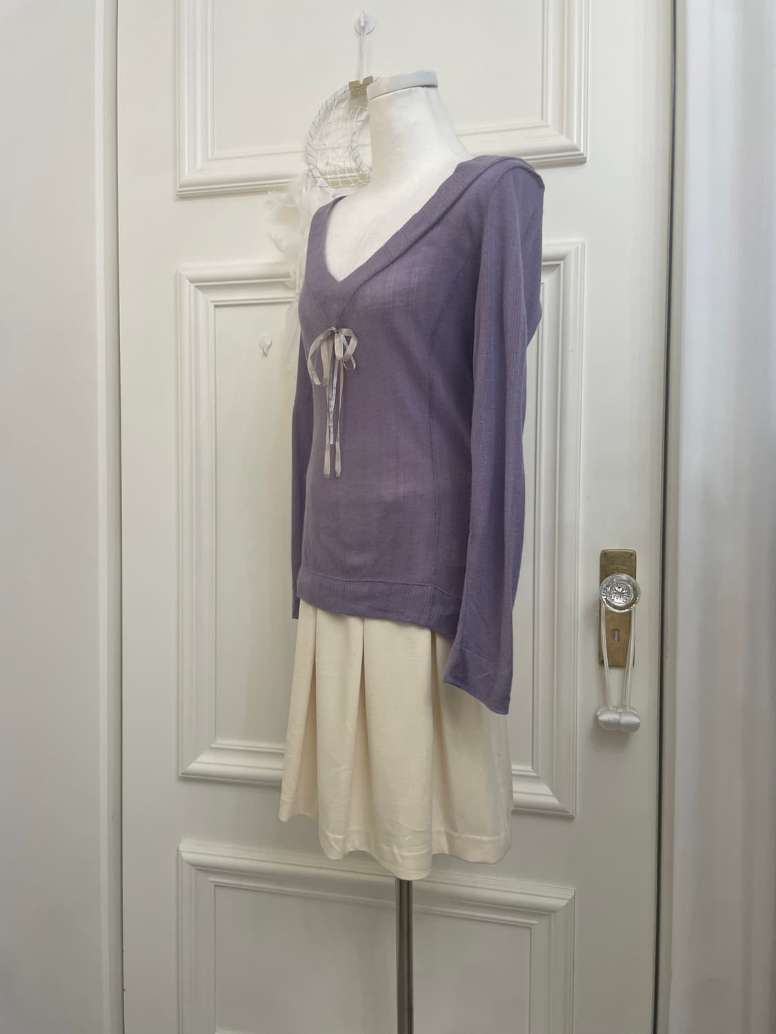 purple satin bow v-neck knit top 상품이미지3