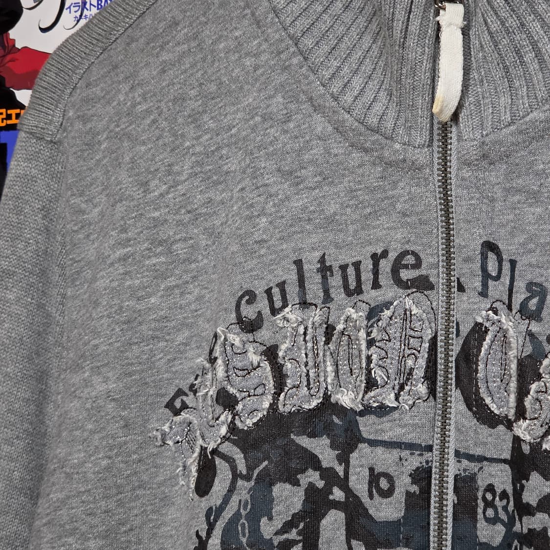 빈티지 펑크 프린팅 그레이 니트 코튼 집업 상품이미지3