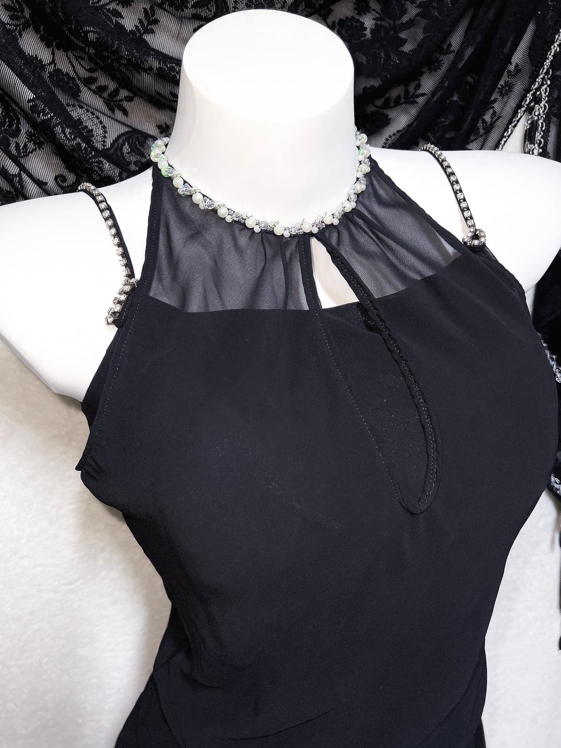 로맨틱고딕 고스 갸루 비즈 홀터넥 나시 언발 쉬폰원피스 파티드레스 연말 상품이미지5