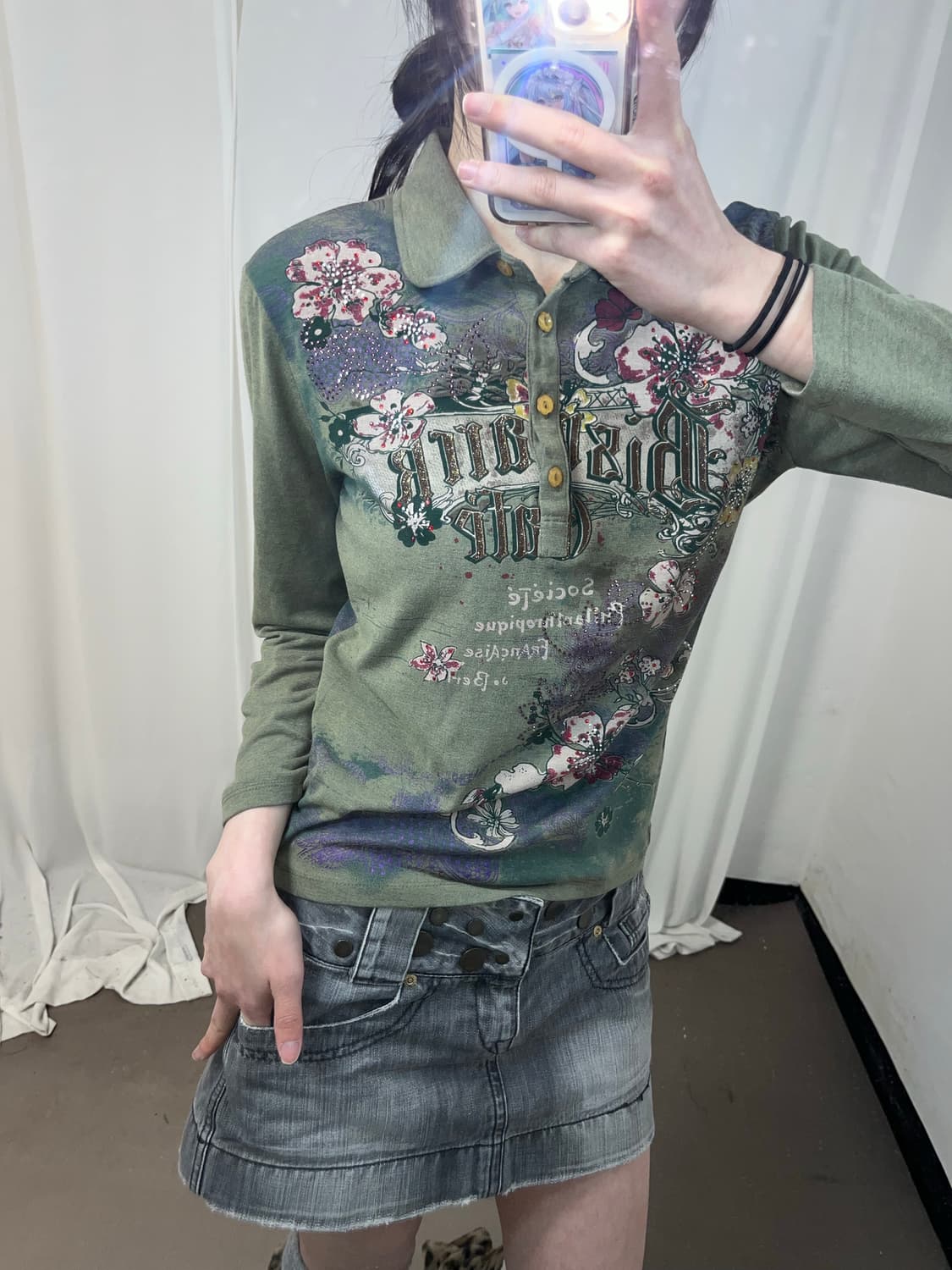 00‘s 카키 페어리 프린팅 카라 롱슬리브 상품이미지3