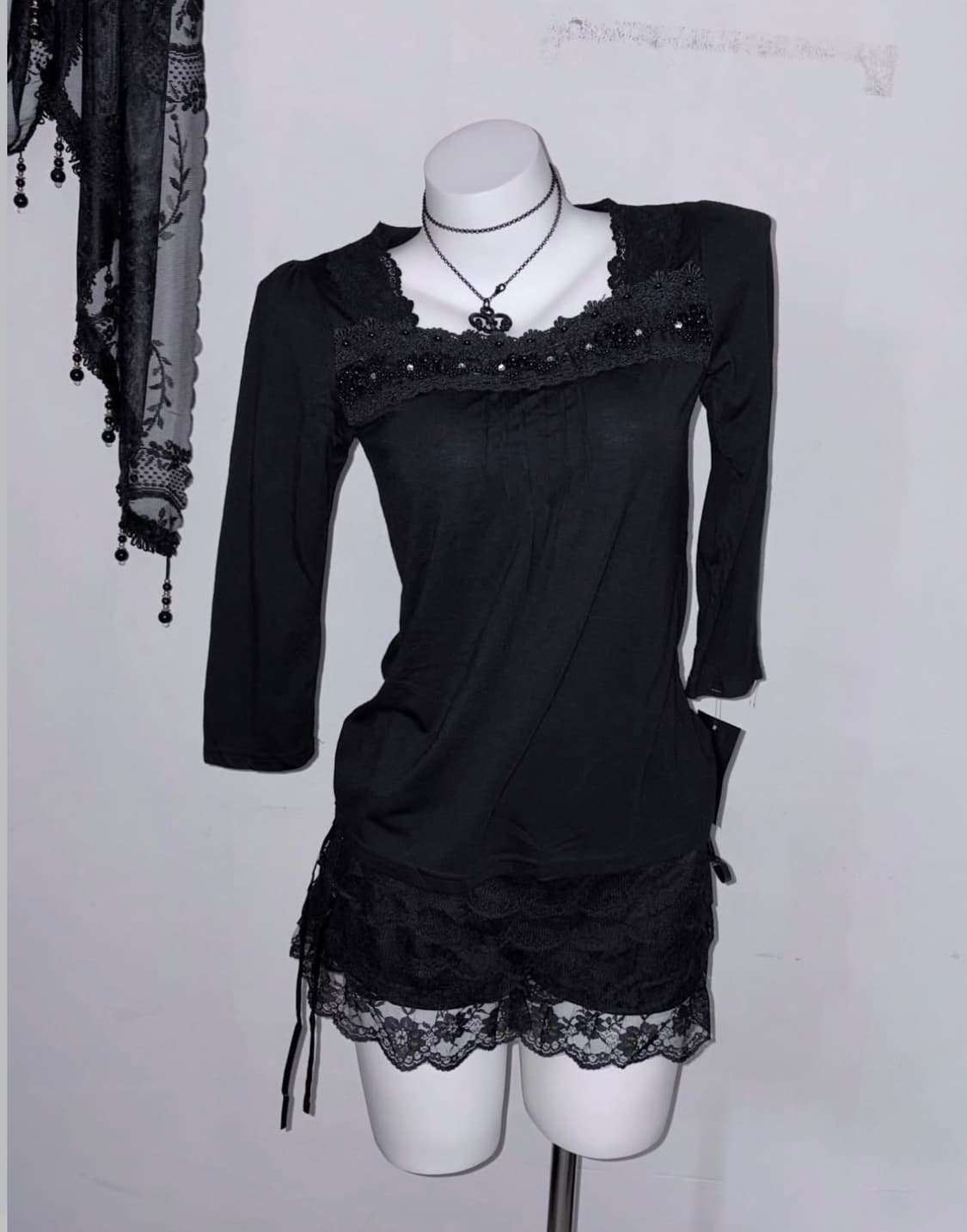공겜여주 러플블라우스 2피스 긱시크 블랙모리 도쿄 고스 로리 고딕  상품이미지4