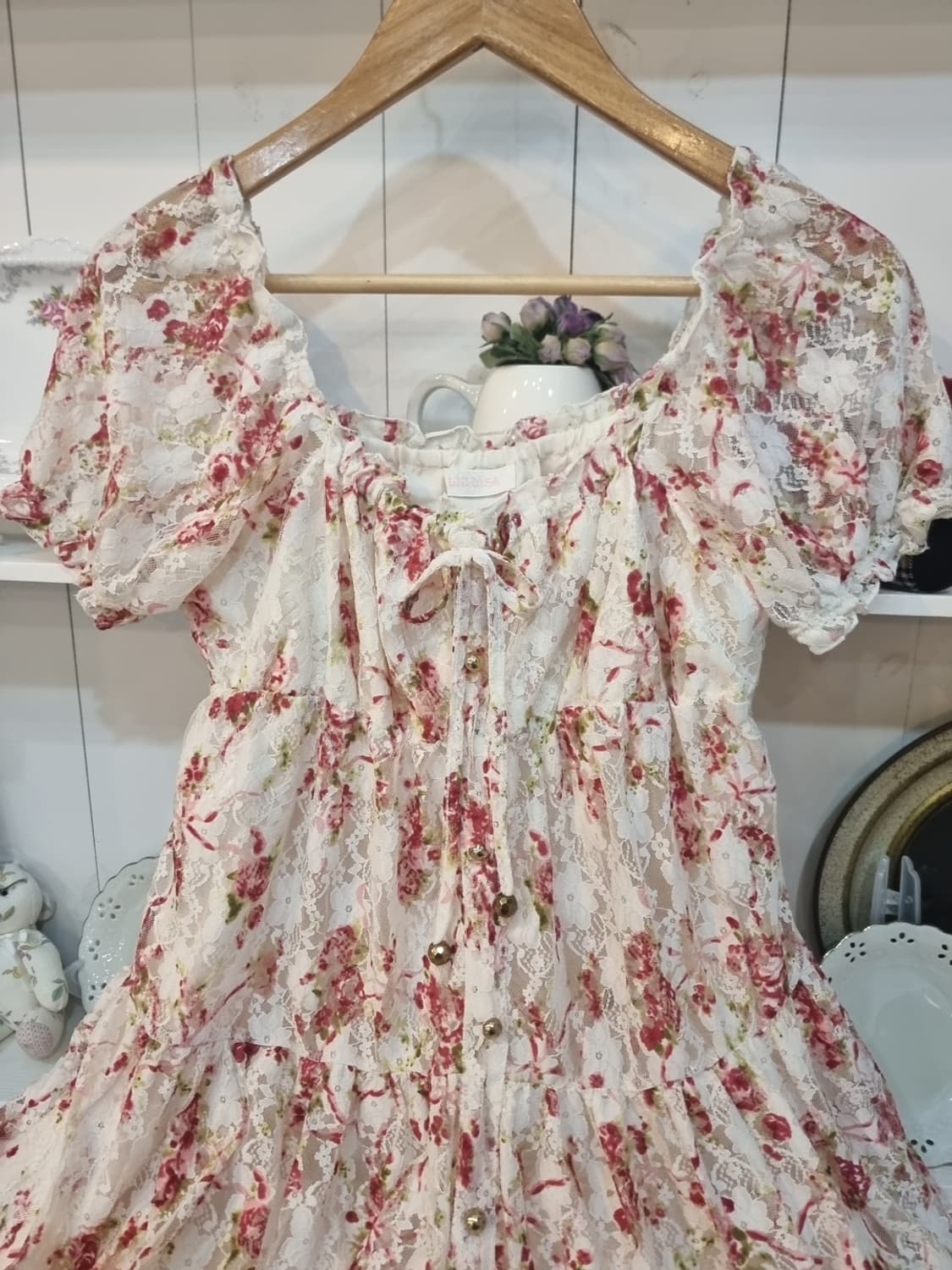 LIZ LISA(리즈리사) 로즈레이스 퍼프소매 셔링원피스 상품이미지2