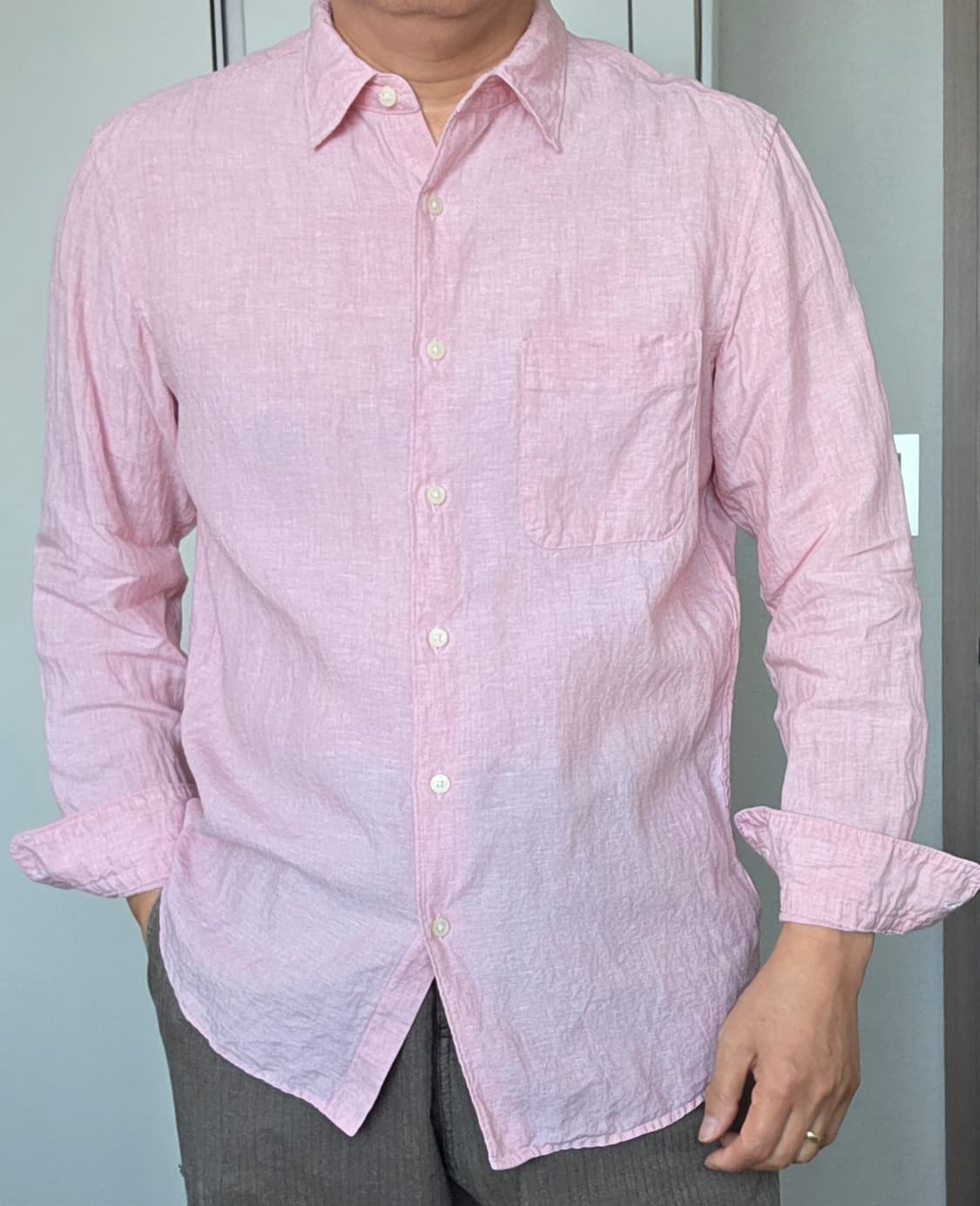 린넨 롱슬리브 셔츠 유니클로 핑크 (L) 상품이미지1