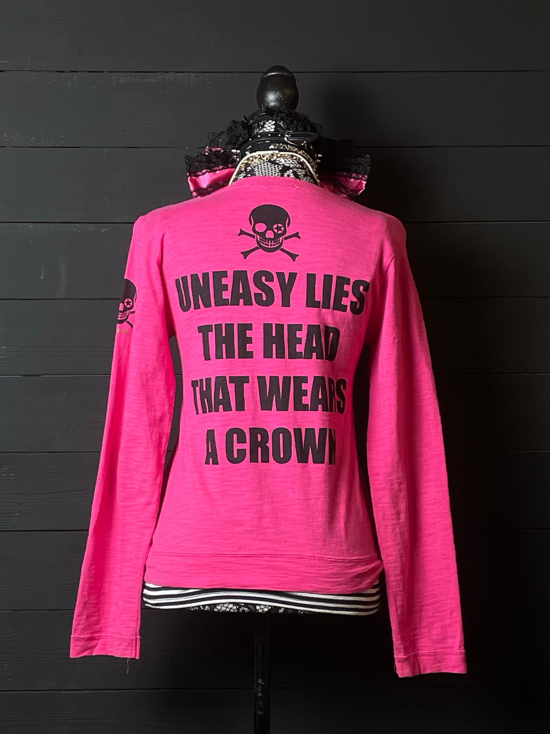 JPN 갸루 펑크 스컬 해골 스트라이프 줄무늬 핑크 롱슬리브 상품이미지3