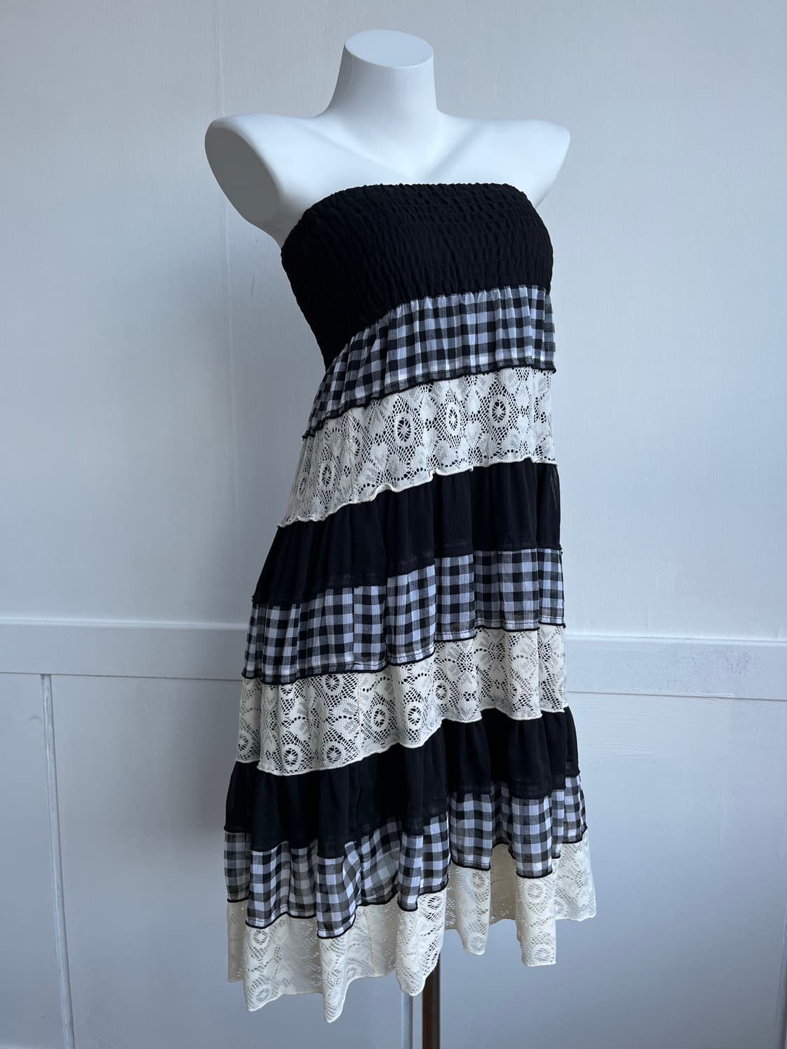 블랙 체크 패치워크 레이스 스커트 상품이미지1