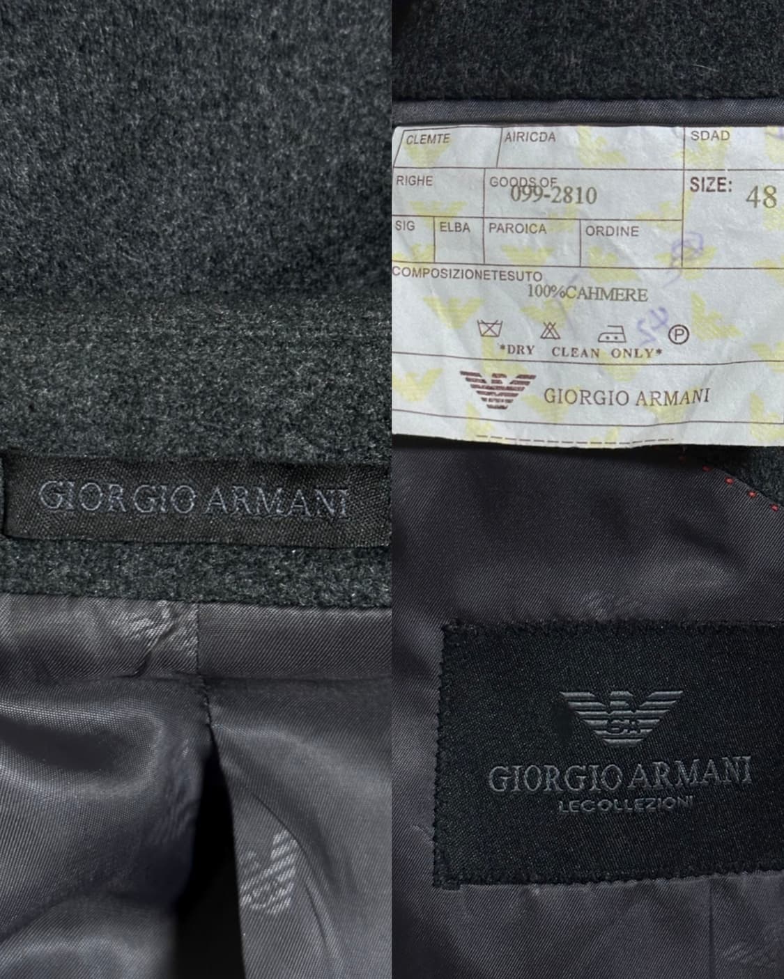 조르지오 아르마니 캐시미어 100% 싱글 코트 르 꼴레지오니 48/차콜  상품이미지9