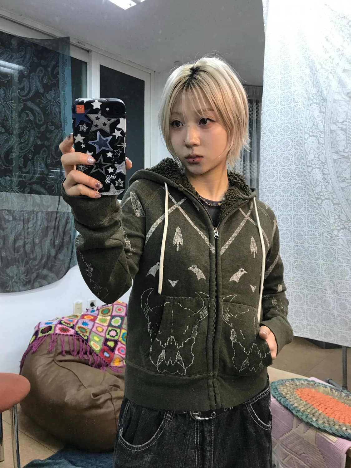 데님앤서플라이 프린팅 에스닉 양털 기모 후드집업  상품이미지2