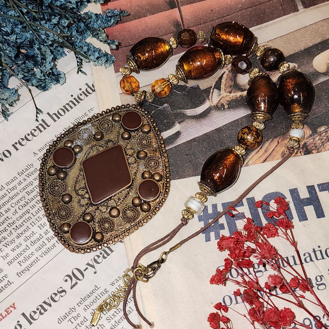 90s 프랑스 빈티지 오리엔탈 브라운 비즈 목걸이 빈티지 목걸이 상품이미지1