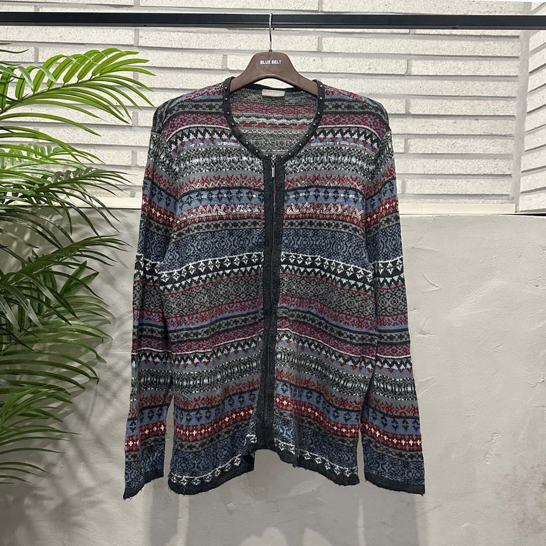 USA VINTAGE 니트 집업 가디건 노르딕 패턴 배색 디테일 블루 상품이미지3