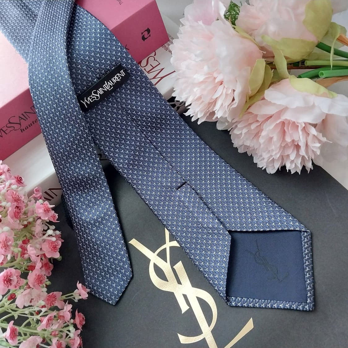 입생로랑 실크 블루 자카드 로고 넥타이 8.3cm S~A+등급 K1466 상품이미지5