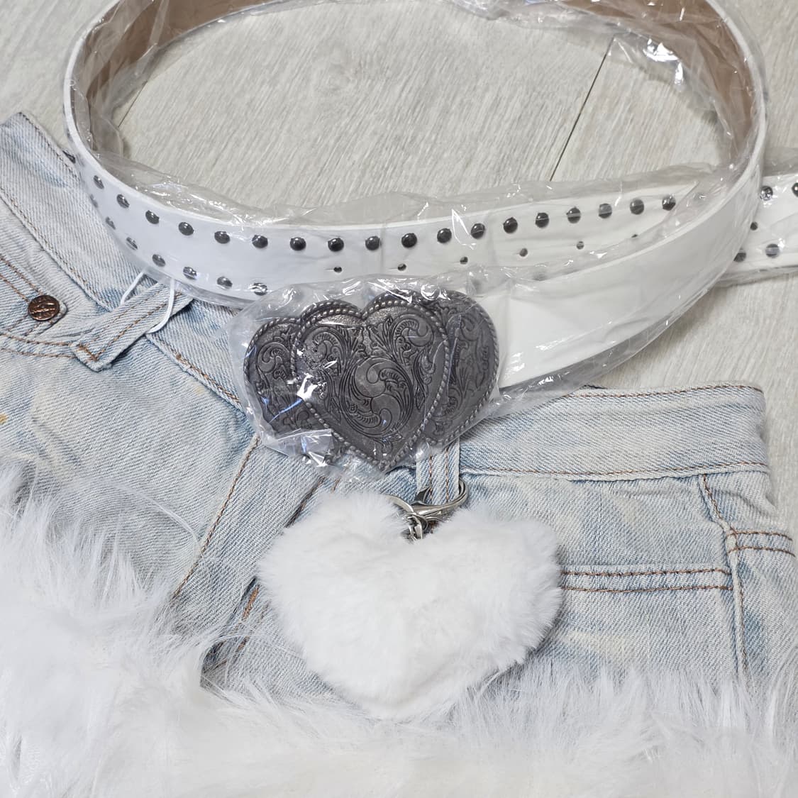 새상품) y2k 일본 갸루걸 레이스 퍼 데님 스커트 세트 상품이미지3