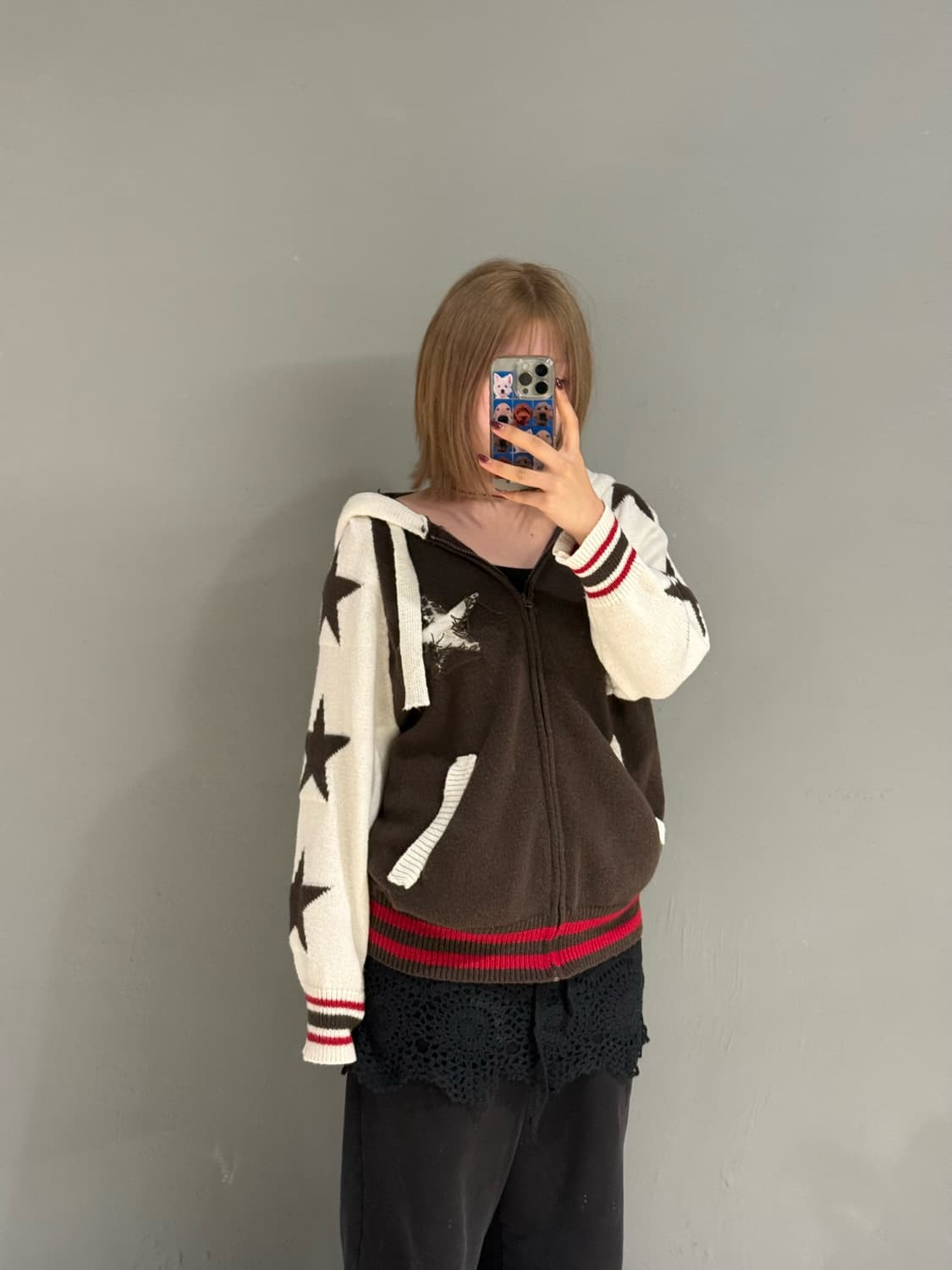 star pattern point knit hood zip-up 상품이미지1