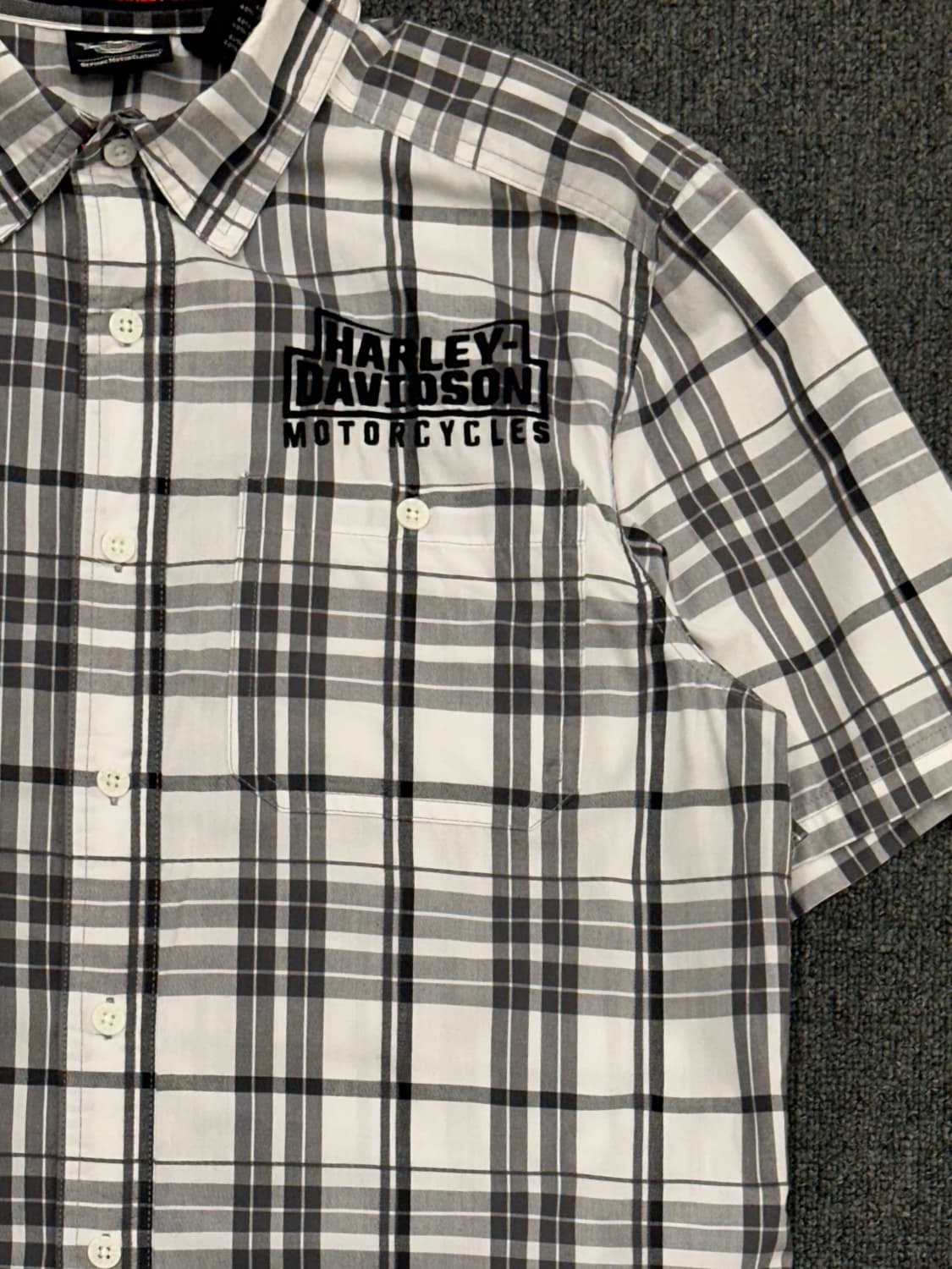 M)할리데이비슨 vintage 체크 백 자수 로고 반팔셔츠 상품이미지2