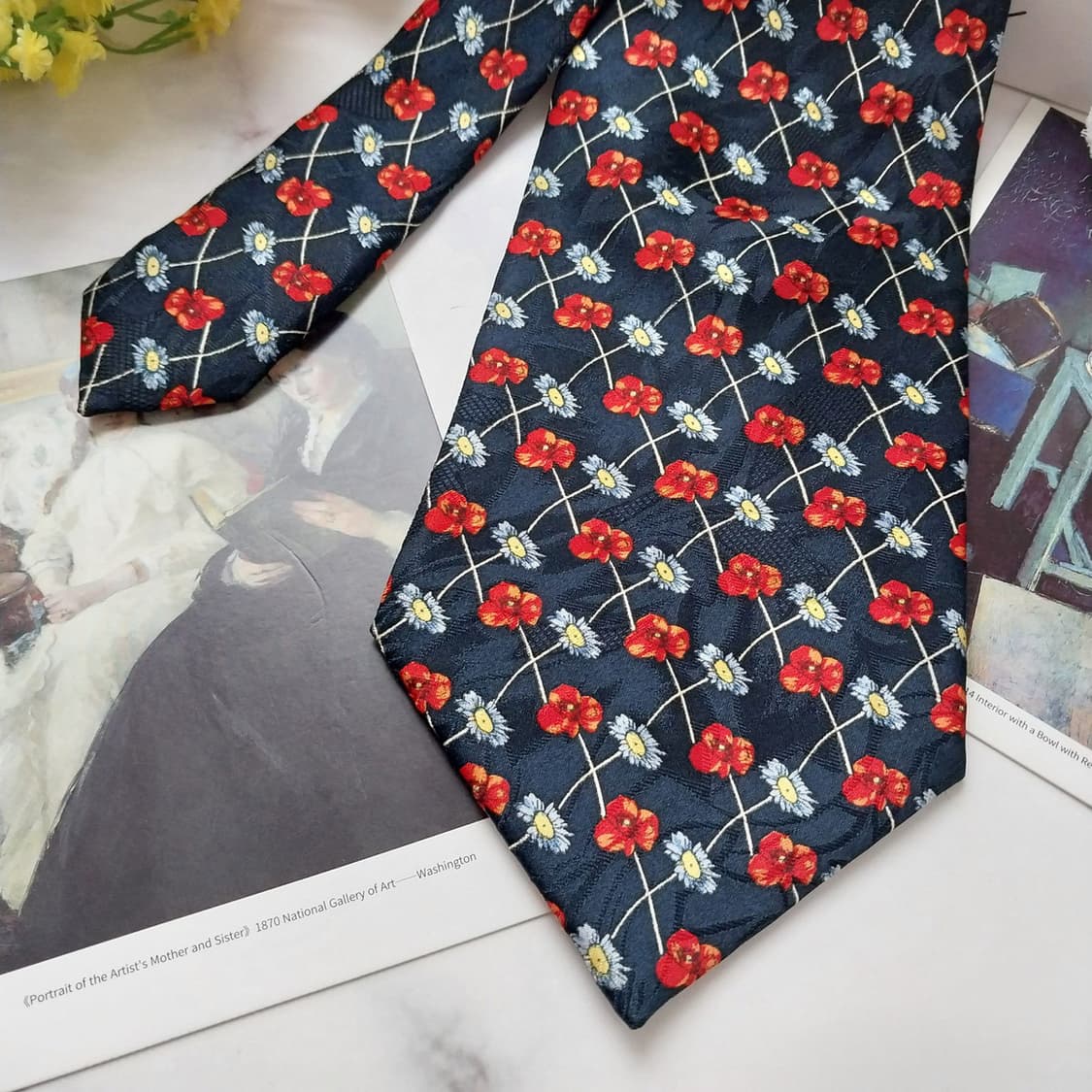 아쿠아스큐텀 실크 네이비 플라워 패턴 넥타이 10cm A+등급 K1201 상품이미지3